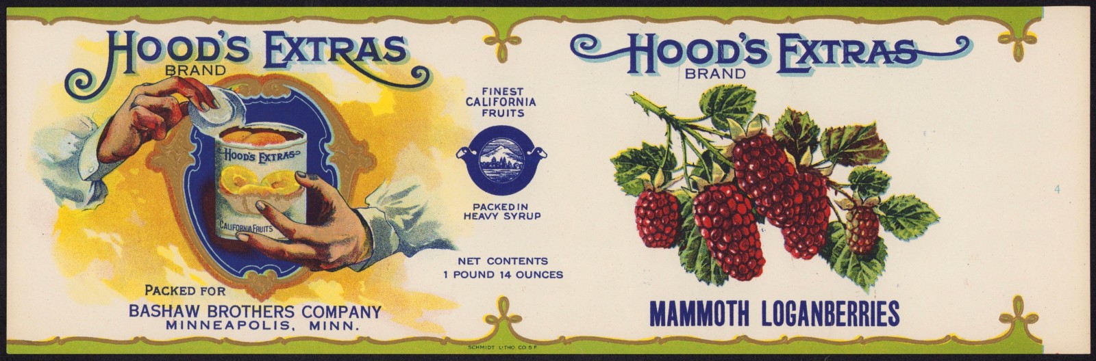 HOOD'S EXTRAS antique can label MAMMOTH LOGANBERRIES 1910s Bashaw Minneapolis