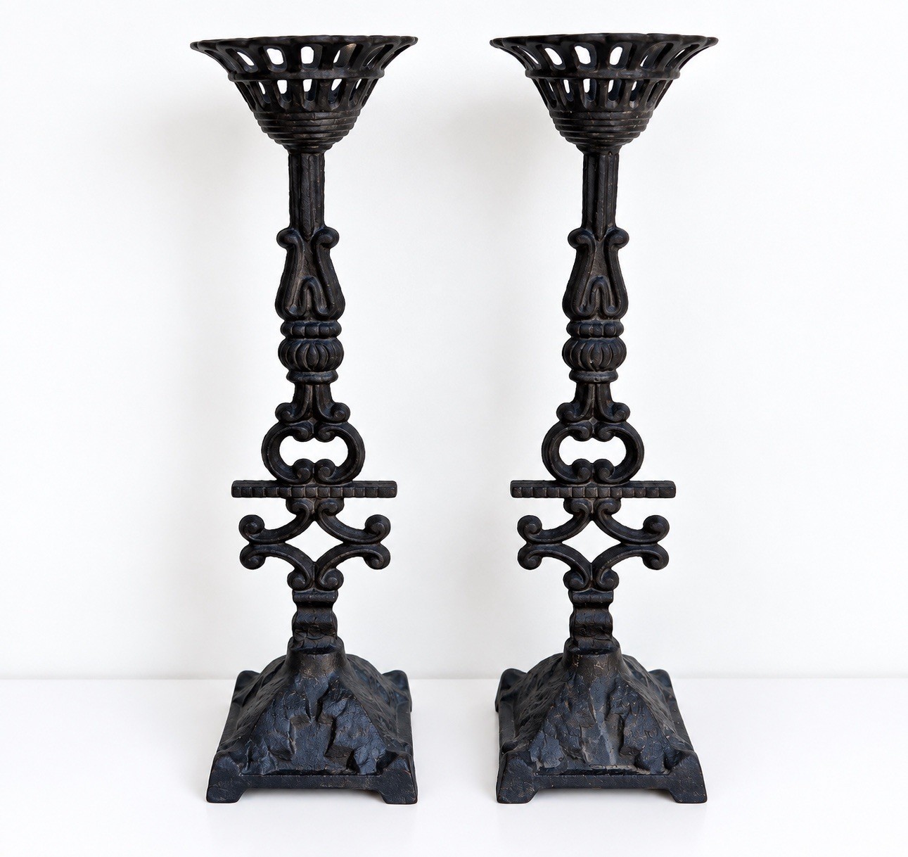 Lot of 2 Vintage Ornate Cast Iron Gothic Candlesticks Candle Holders Lot of 2 Vintage Ornate Cast Iron Gothic Candlesticks Candle Holders