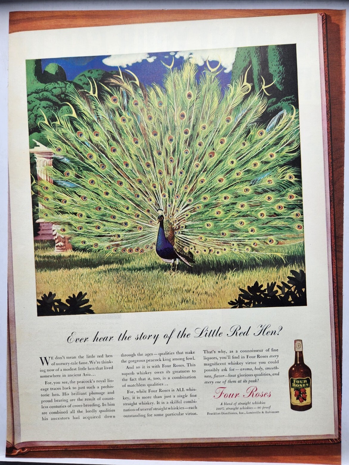 1938 Four Roses Whiskey Huge Peacock Original Print Ad Life Magazine 30\'s