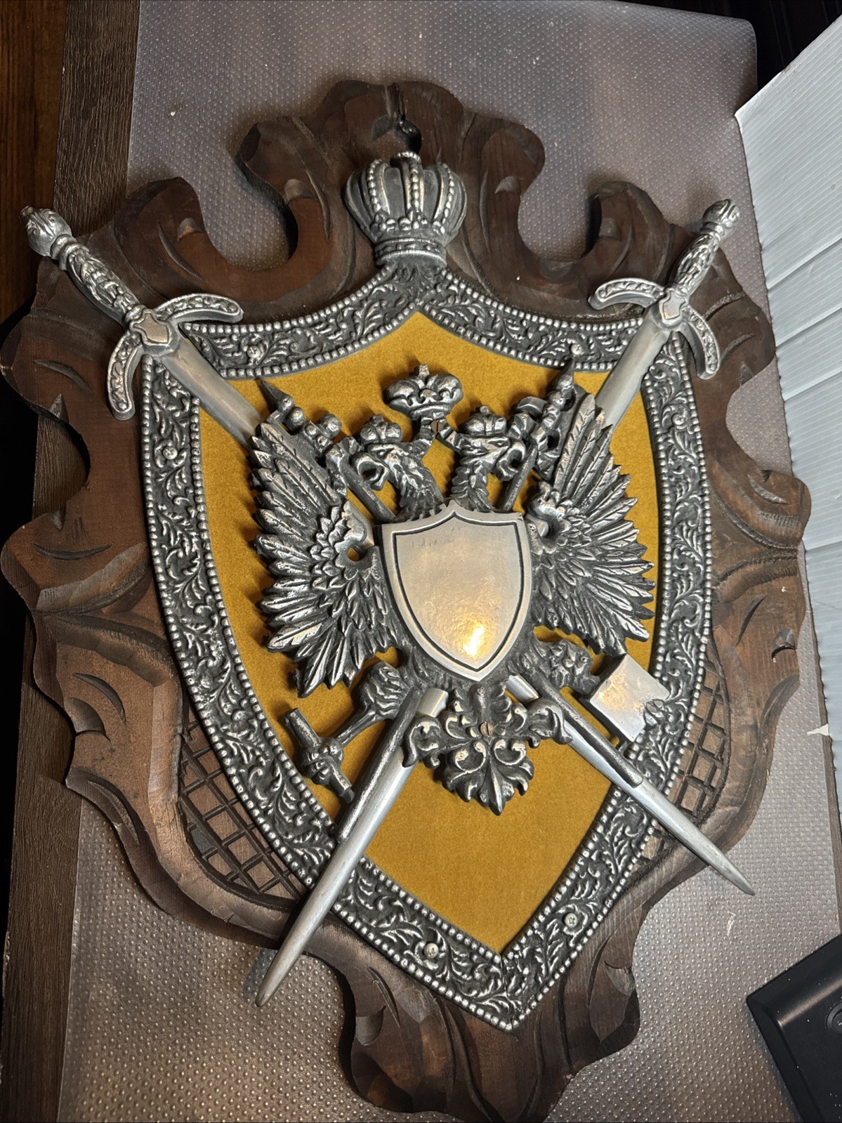 Vintage Medieval RUSSIAN Cast Metal Two Headed Eagle COAT of ARMS, CREST Plaque Vintage Medieval RUSSIAN Cast Metal Two Headed Eagle COAT of ARMS, CREST Plaque