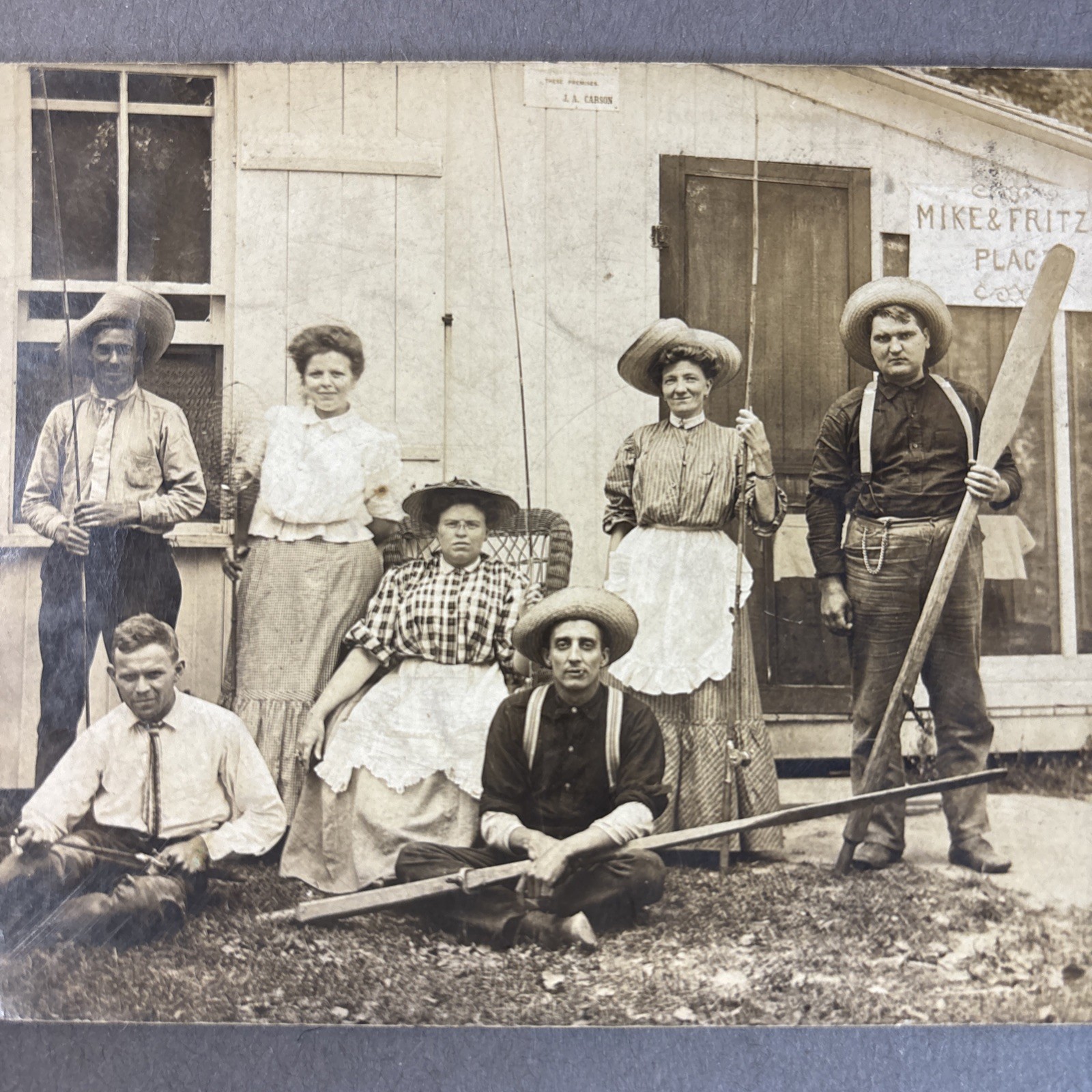 RPPC Postcard Photo 1908 Fishing Vacation Cabin Family Pose Mike & Fritz's OOAK