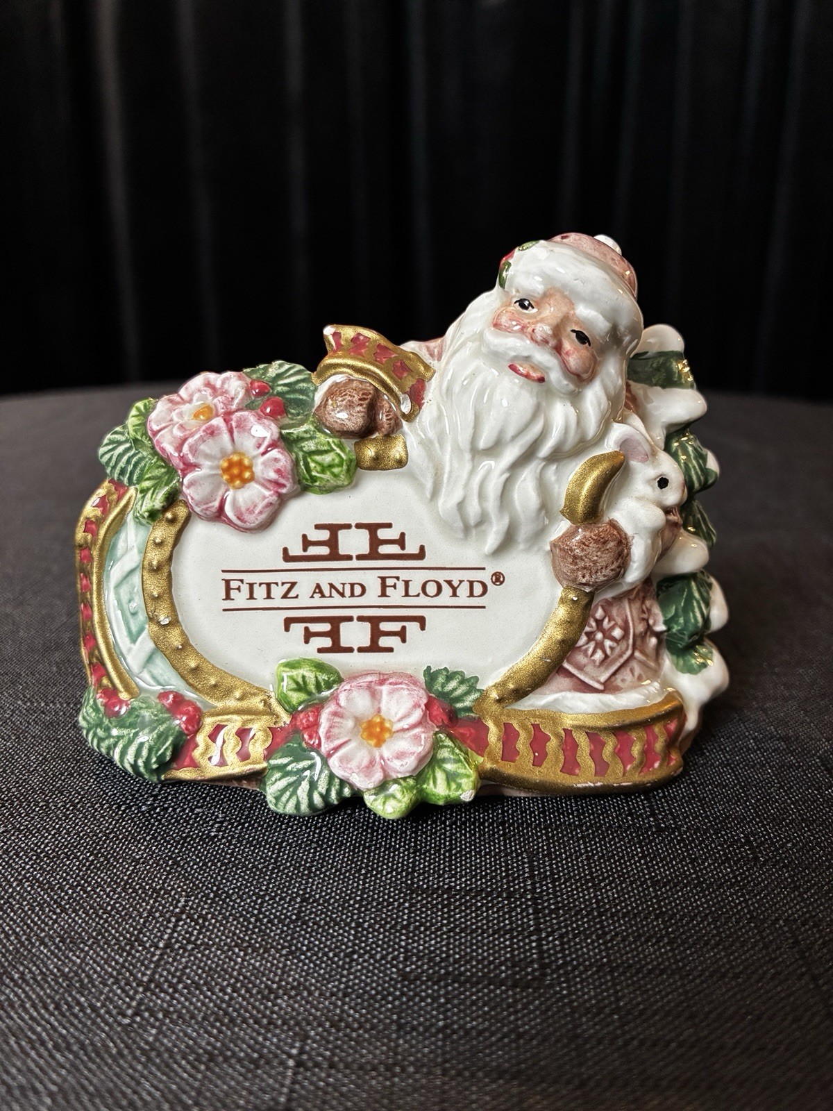 VTG Fitz and Floyd Snowy Woods Santa Ceramic Dealer Shelf Display Sign Rare 