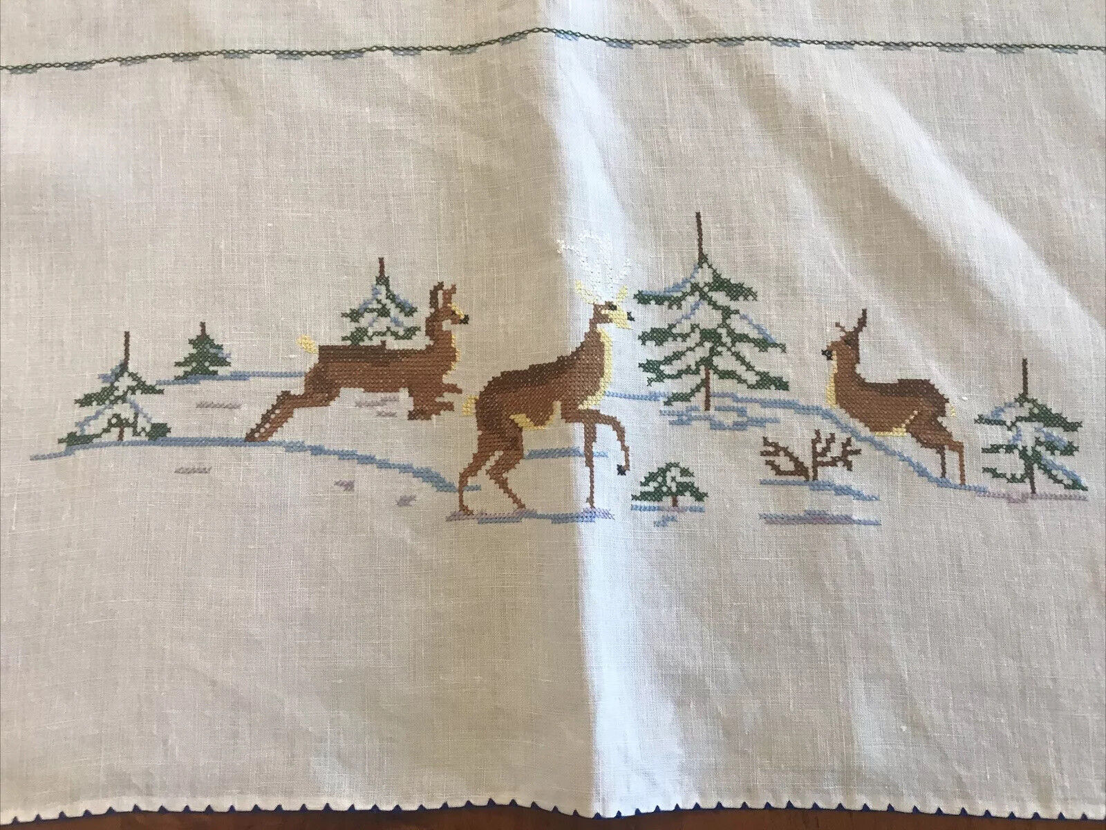 Vintage Embroidered Linen Tablecloth Square-Deer Family