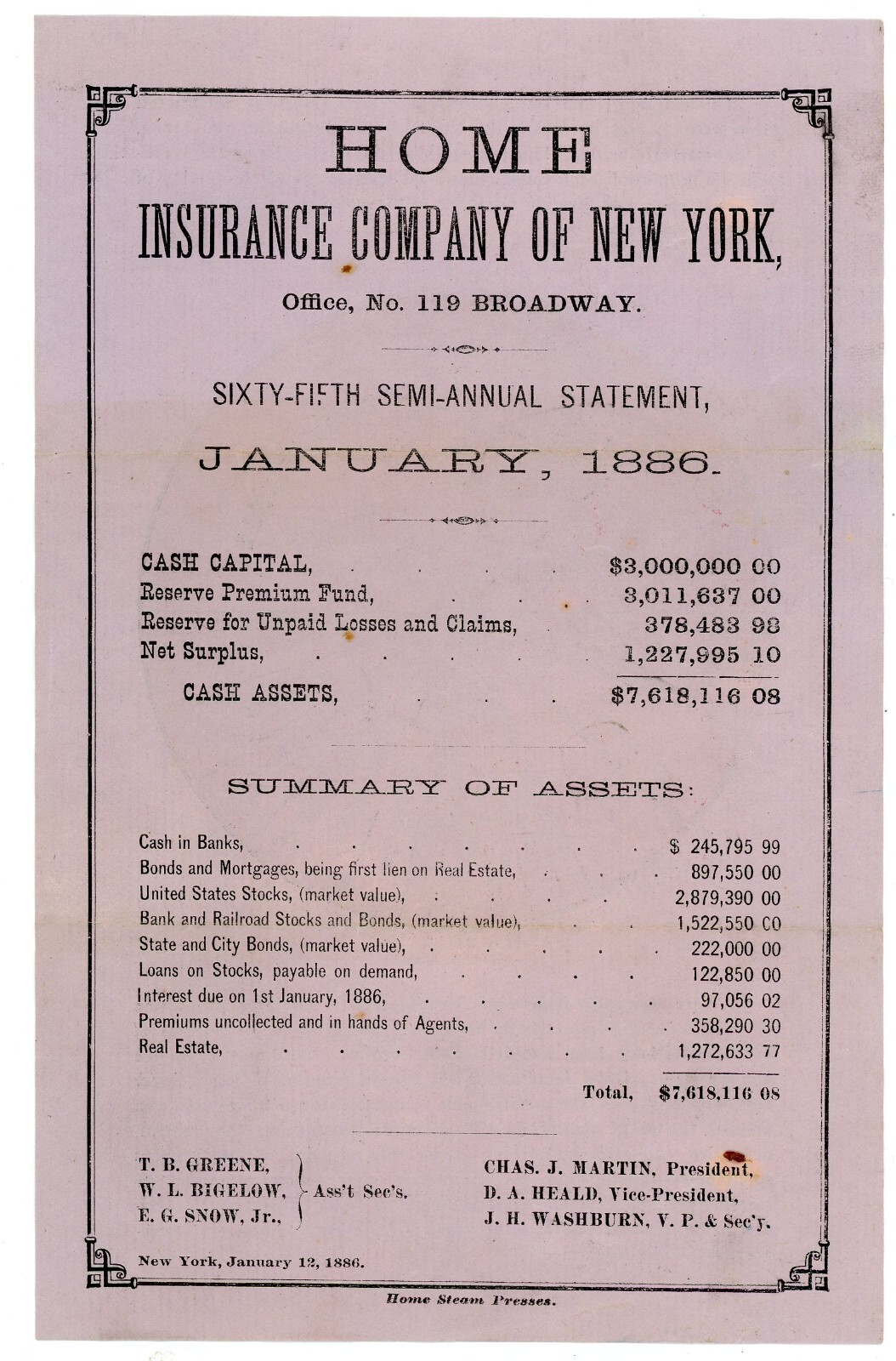 1886 Home Insurance Co. of New York Statement & 1885 Fire Causes Chart – Antique