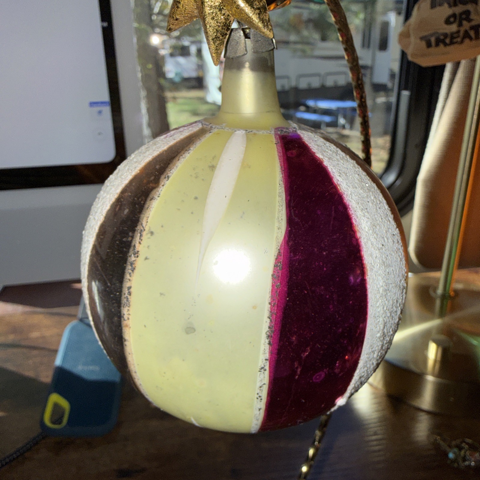 Vintage Jumbo Atomic Striped Mica  Glass Christmas Ornament Poland 4.5\