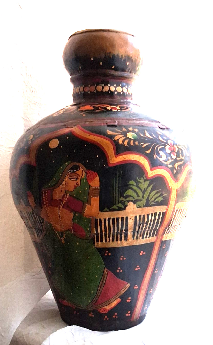 Mughal Water Jug Vase Indian Hand Painted Hammered Metal Floral 10\