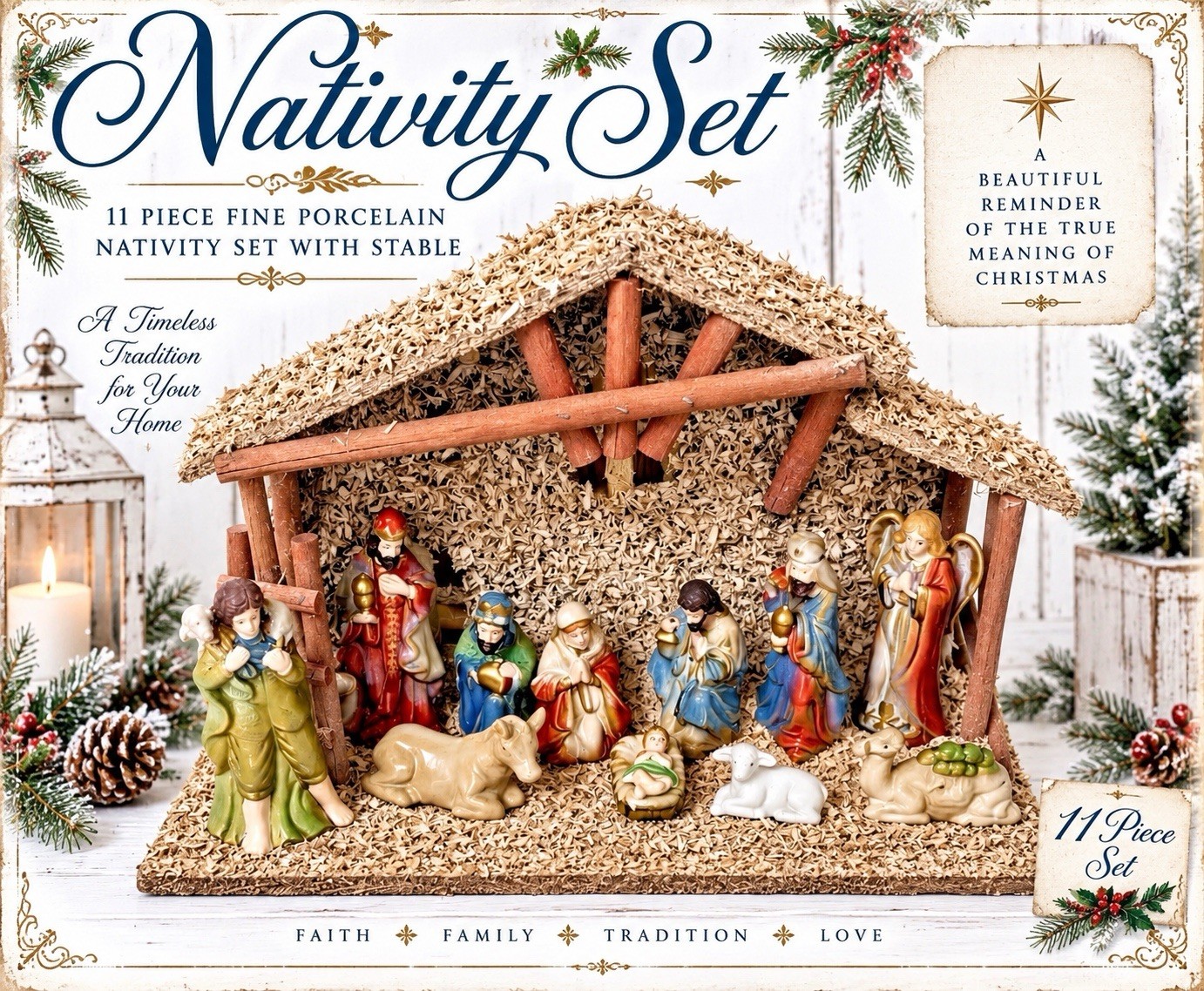 Vintage (11) Piece Fine Porcelain Nativity Set With Moss Covered Wooden Stable