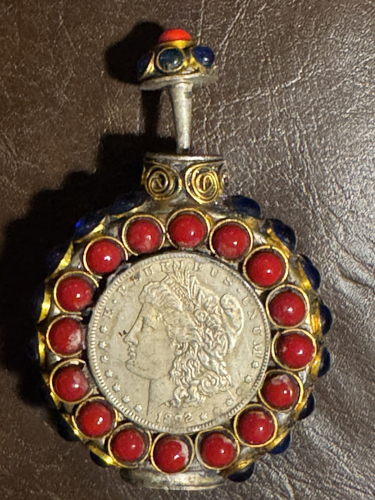 Vintage  Tibetan Metal Handwork  Snuff Bottle w 2 Morgan Silver Dollars 