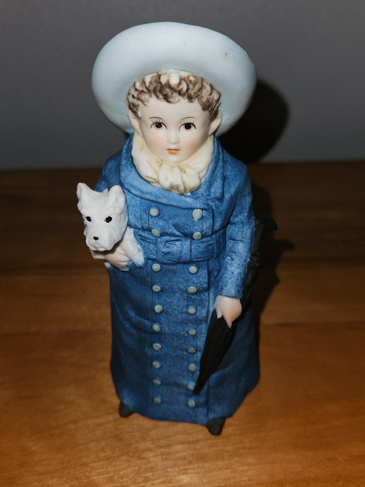Rare Lefton Handpainted Kw 3119 Girl Figurine Blue Coat with White Dog