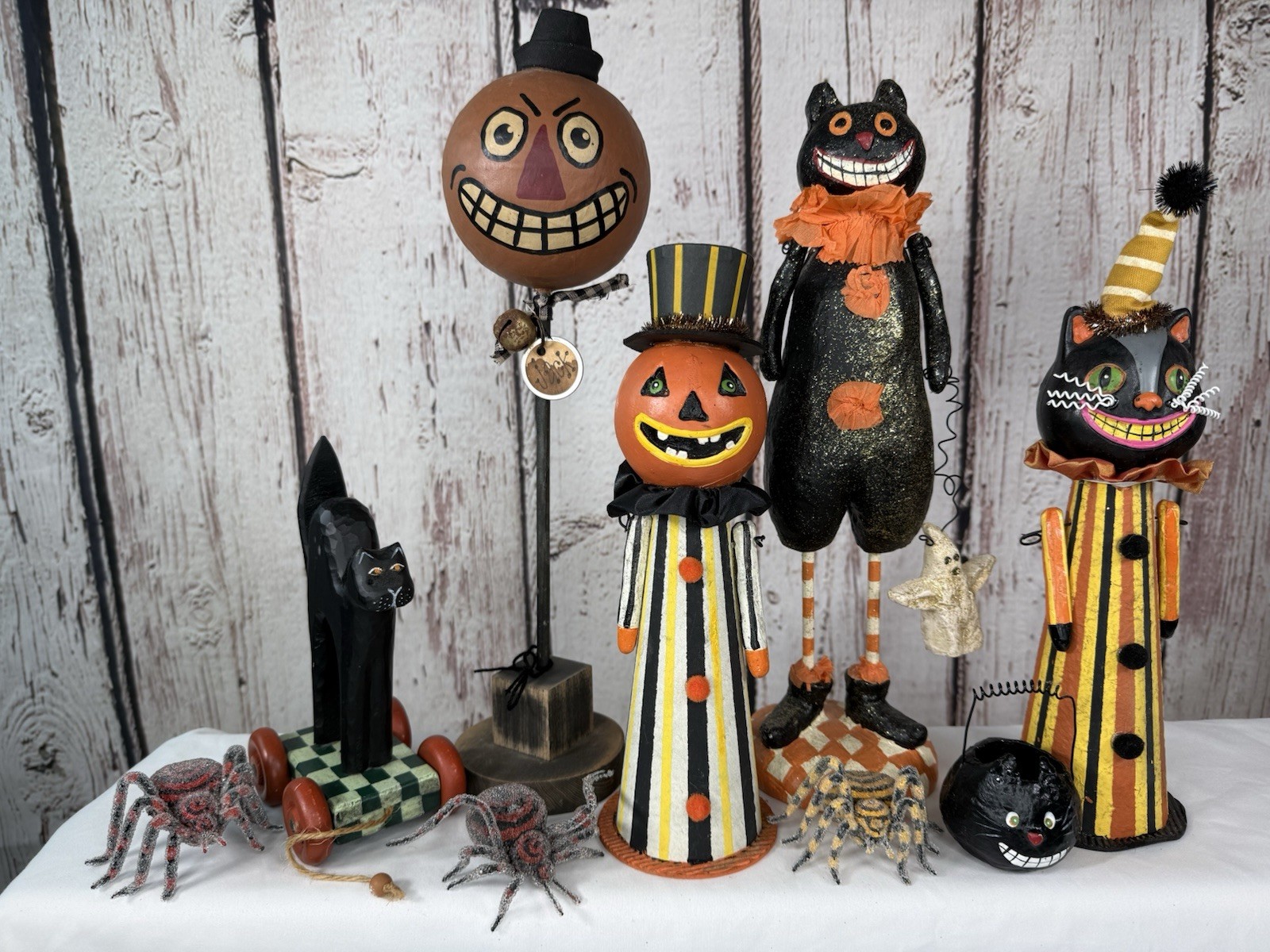 9PC Halloween Figure LOT Folk Art Primitive Pumpkin Black Cat Paper Mache 9PC Halloween Figure LOT Folk Art Primitive Pumpkin Black Cat Paper Mache