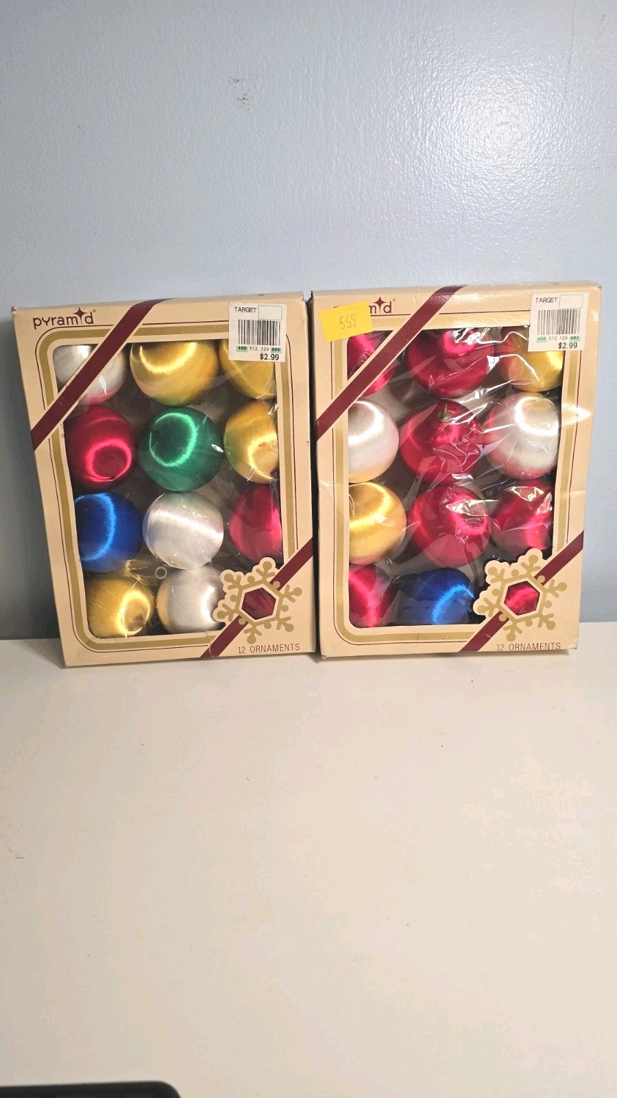2 Boxes of Vintage Pyramid Rauch Satin-Sheen Christmas Ornaments 24 Total READ