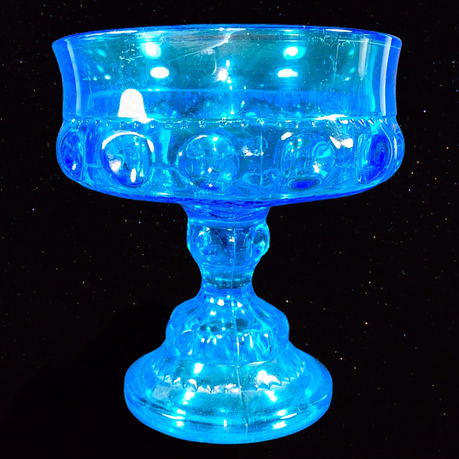 Vintage Blue Indiana Glass Kings Crown Thumbprint Compote 5T 4.75W Blue Glass