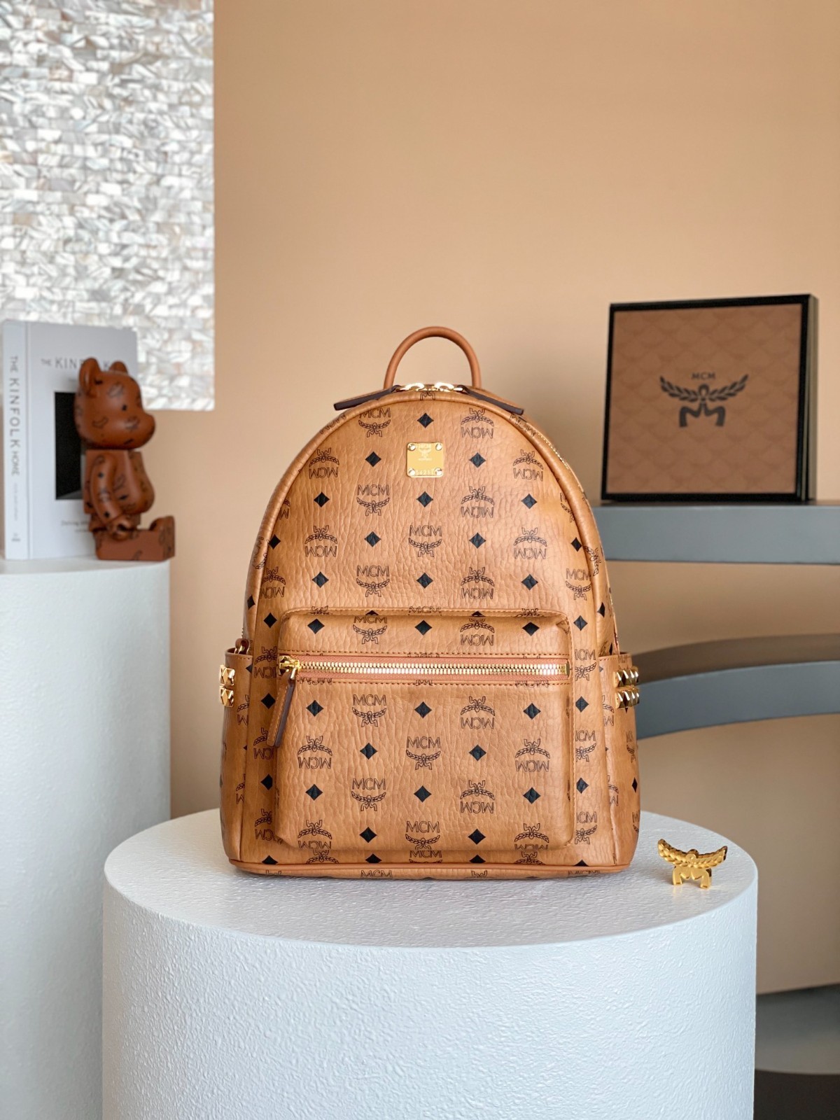 MCM Cognac Monogram Faux Leather Stark Studded Backpack 38*13*30cm