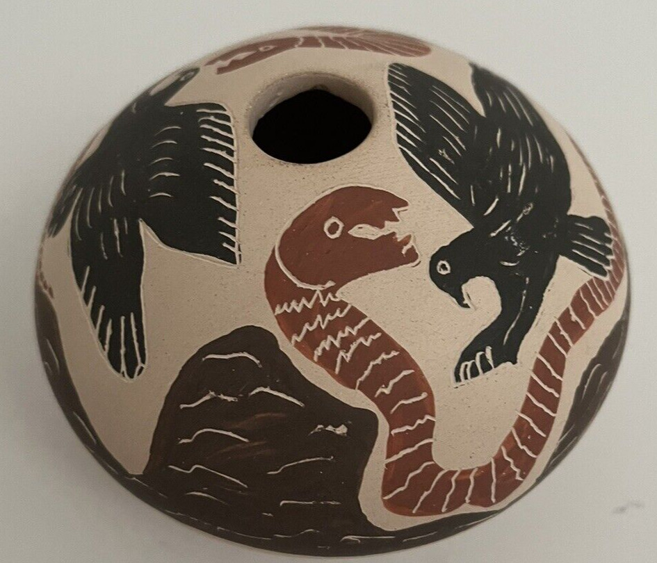 Mata Ortiz Pottery Seed Pot Jose Villa Handmade Vulture Bird Snake Art Mexican