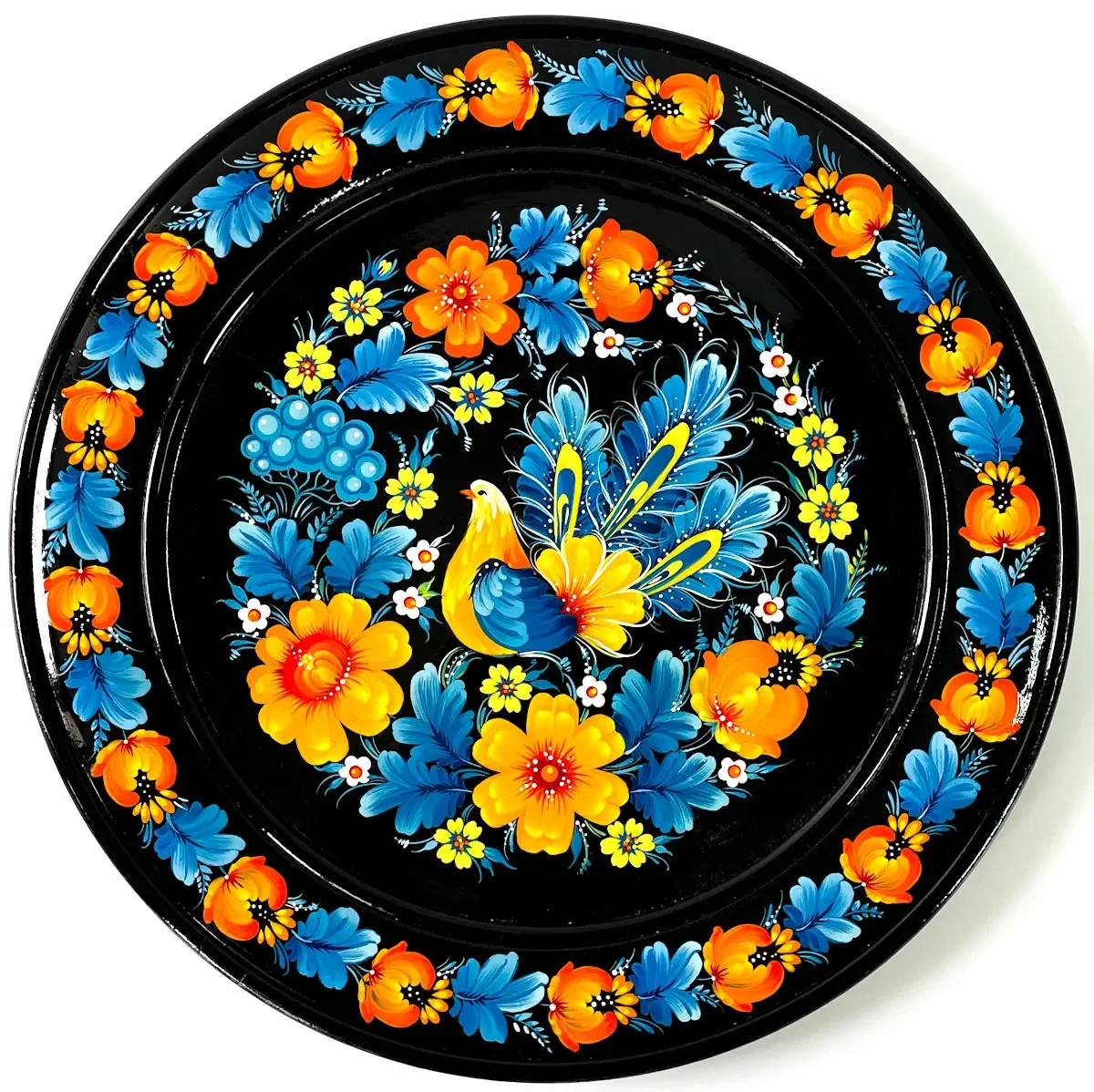Plate Petrykivskyi painting BIRDS YELLOW-BLUE FLOWERS 30cm Ukraine💛💙