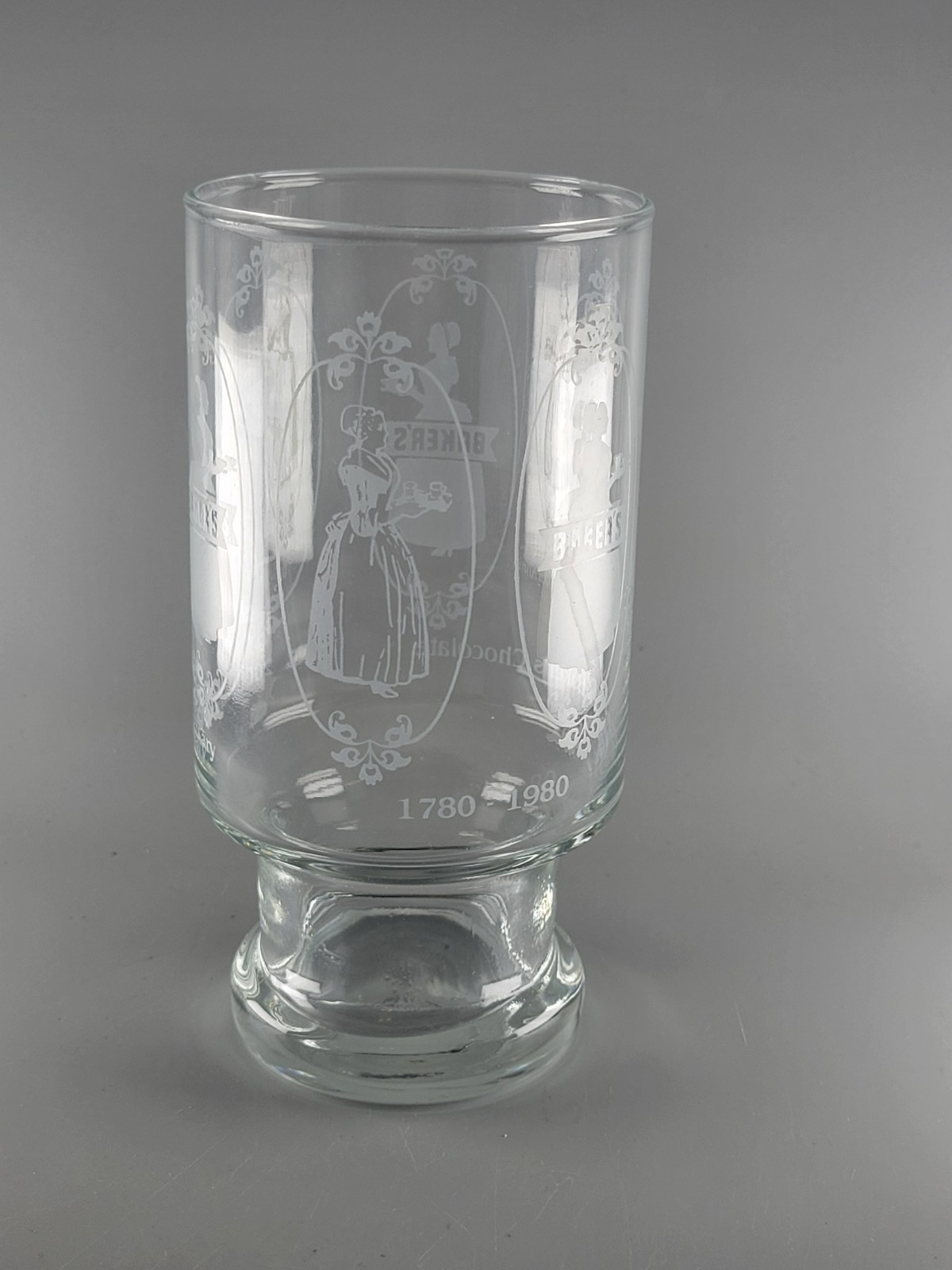 Vintage Baker's Chocolate Drink Glass, White Printed, #26-10-0488 Vintage Baker's Chocolate Drink Glass, White Printed, #26-10-0488