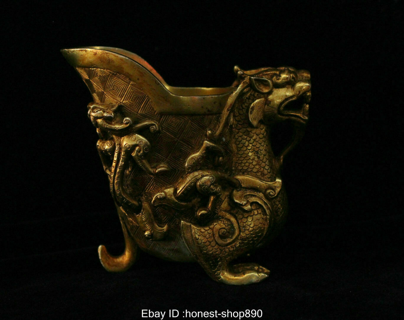 Old Chinese Bronze Gold Gilt Dragon Beast Palace Noble Wine Cup Statue Sculpture