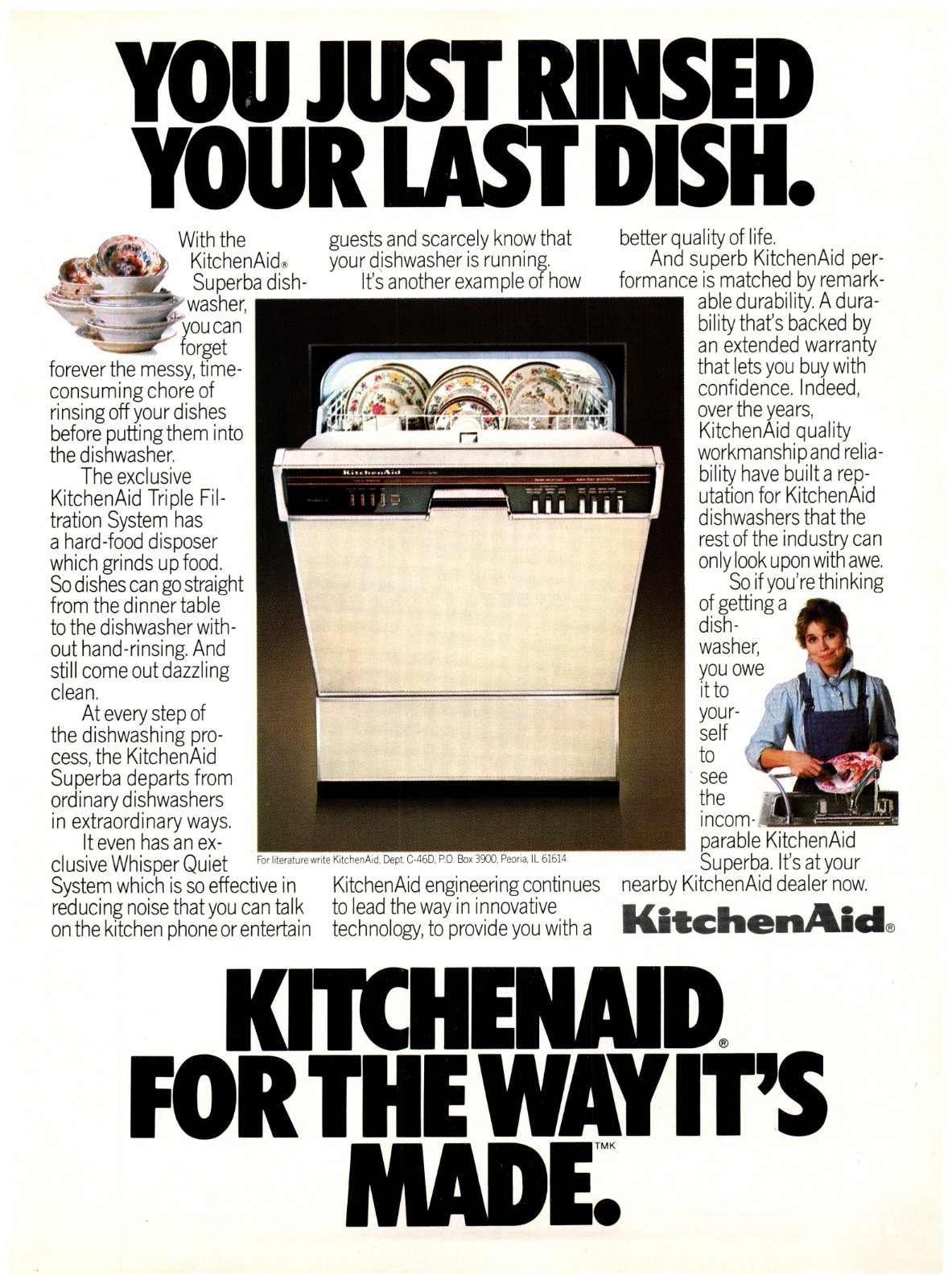 1987 PRINT AD, KitchenAid Superba Dishwasher You Just Rinsed Your Last Dish 80\'s
