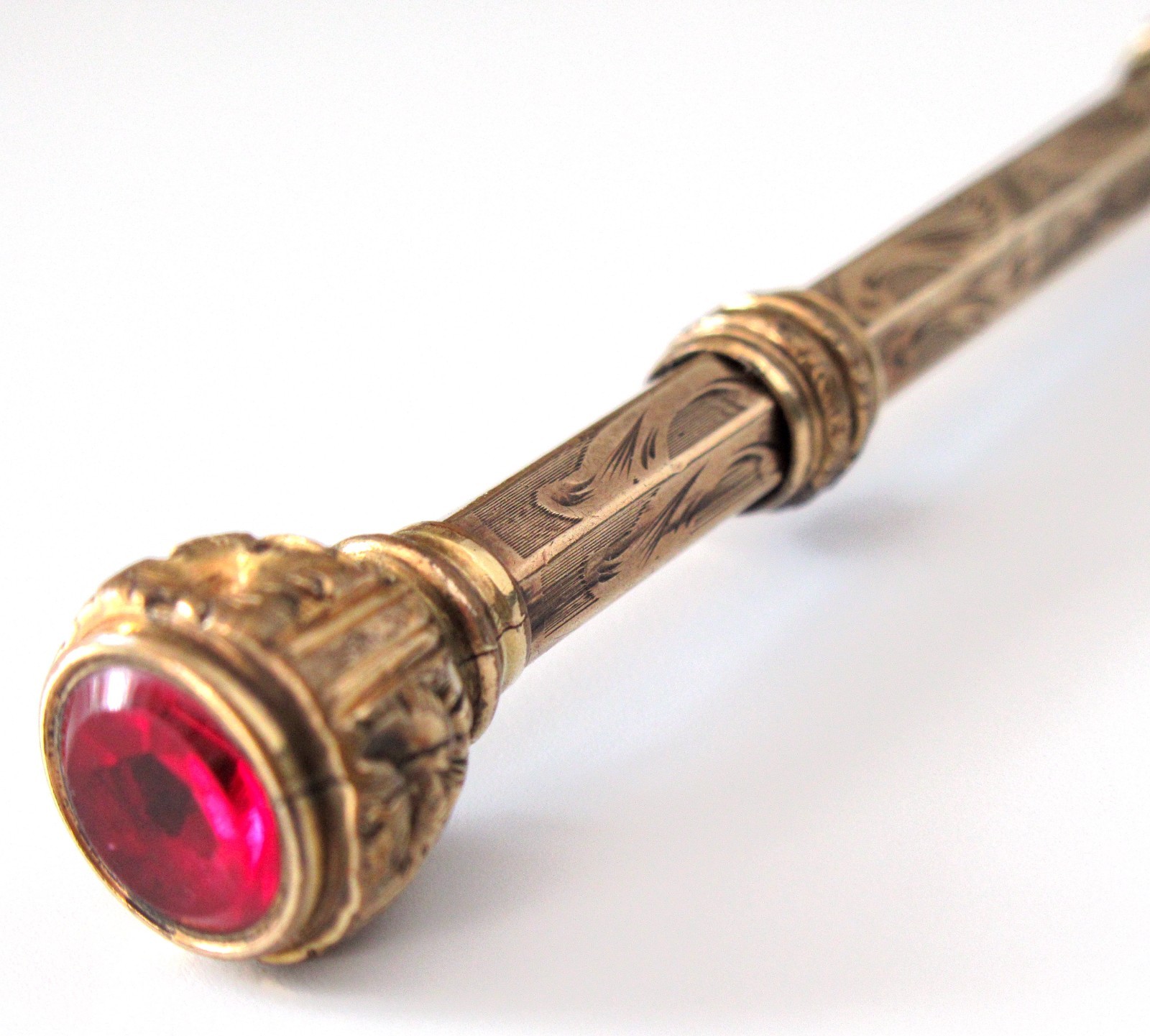 Antique Victorian Mechanical Pencil Retractable Engraved Gold Filled Red Stone