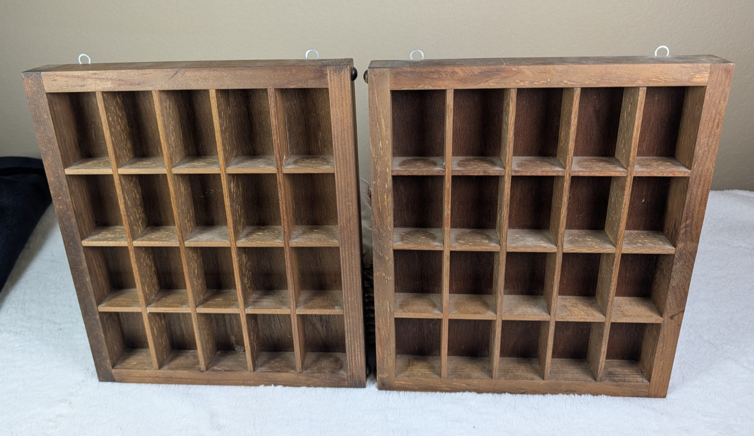 Pair Vtg Wood Shot Glass Shadow Box Display Shelves Wall Lot of 2 20- Slot Knobs