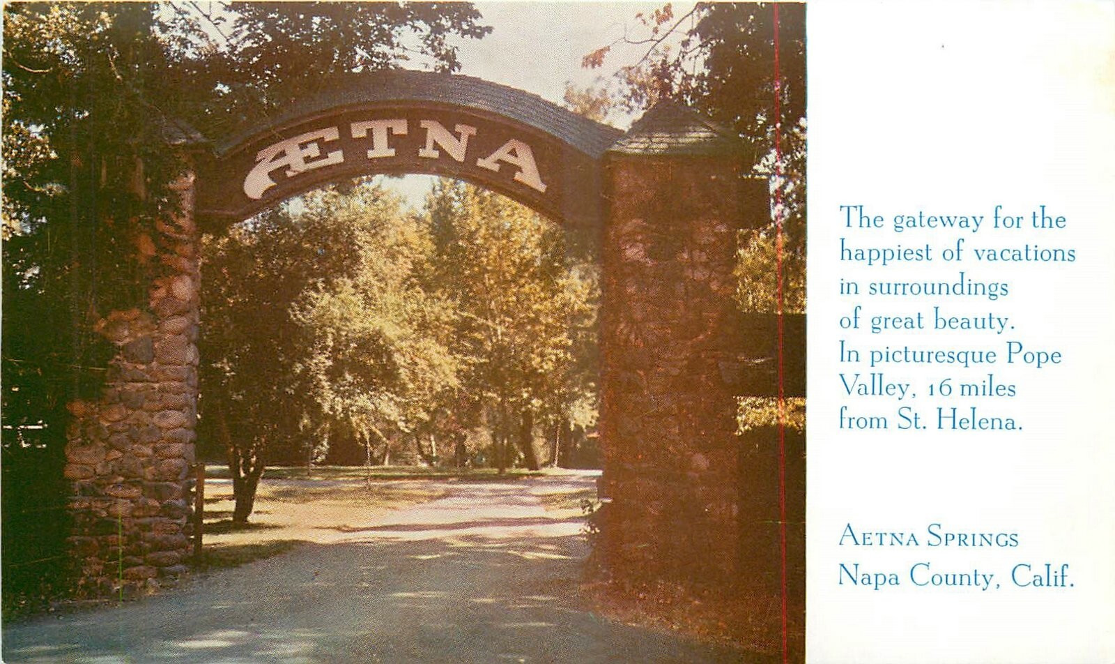 1950s Napa Valley California Aetna Springs Gateway Postcard 24-12101