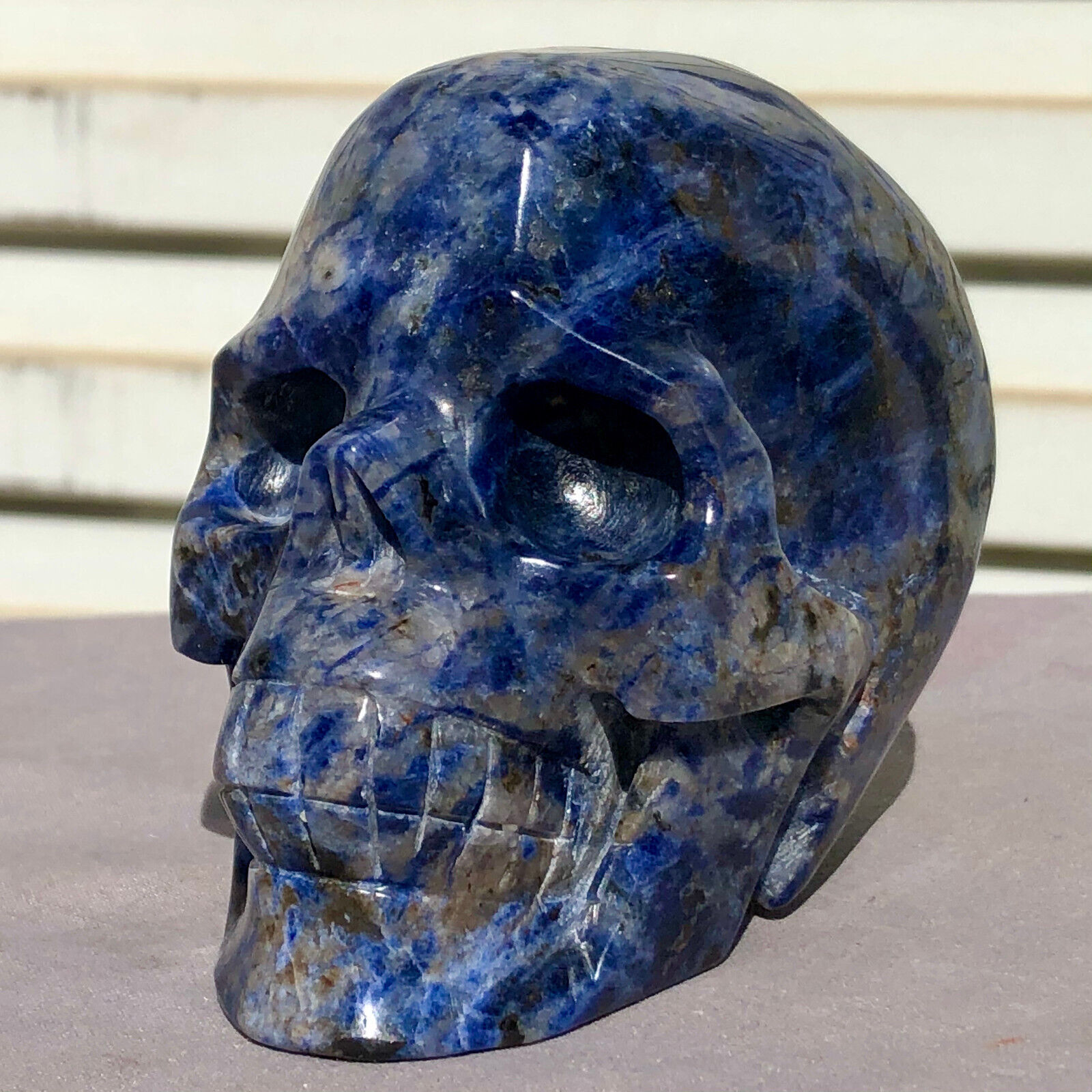 2.22LBNatural blue striped quartz crystal Stone Hand Carved  skull reiki Healing