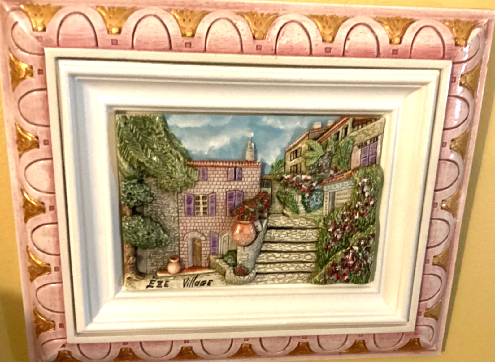 Framed 3D Wall Plaque Eze Village French Street Scene Pink Gold Heavy Relief Art