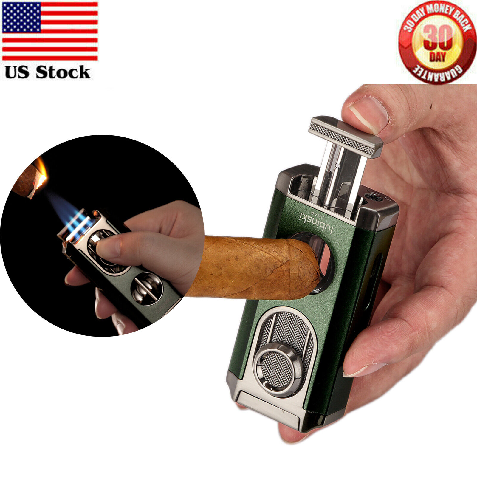 Lubinski Travel Cigar 3 Jet Flame Torch Lighter Stainless V-Cutter Punch Green