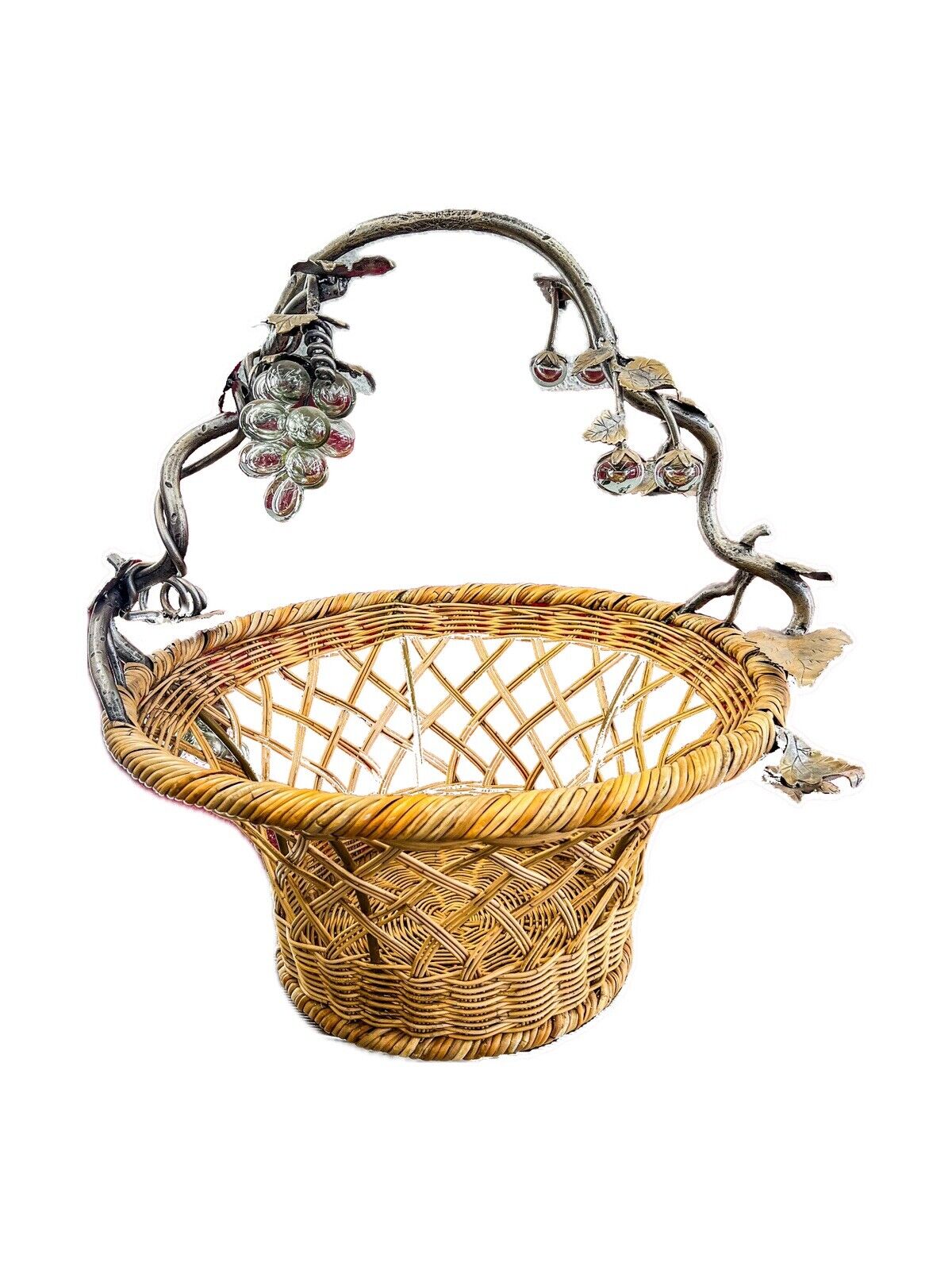 Rattan Basket With Metal Handle And Glass Grapes