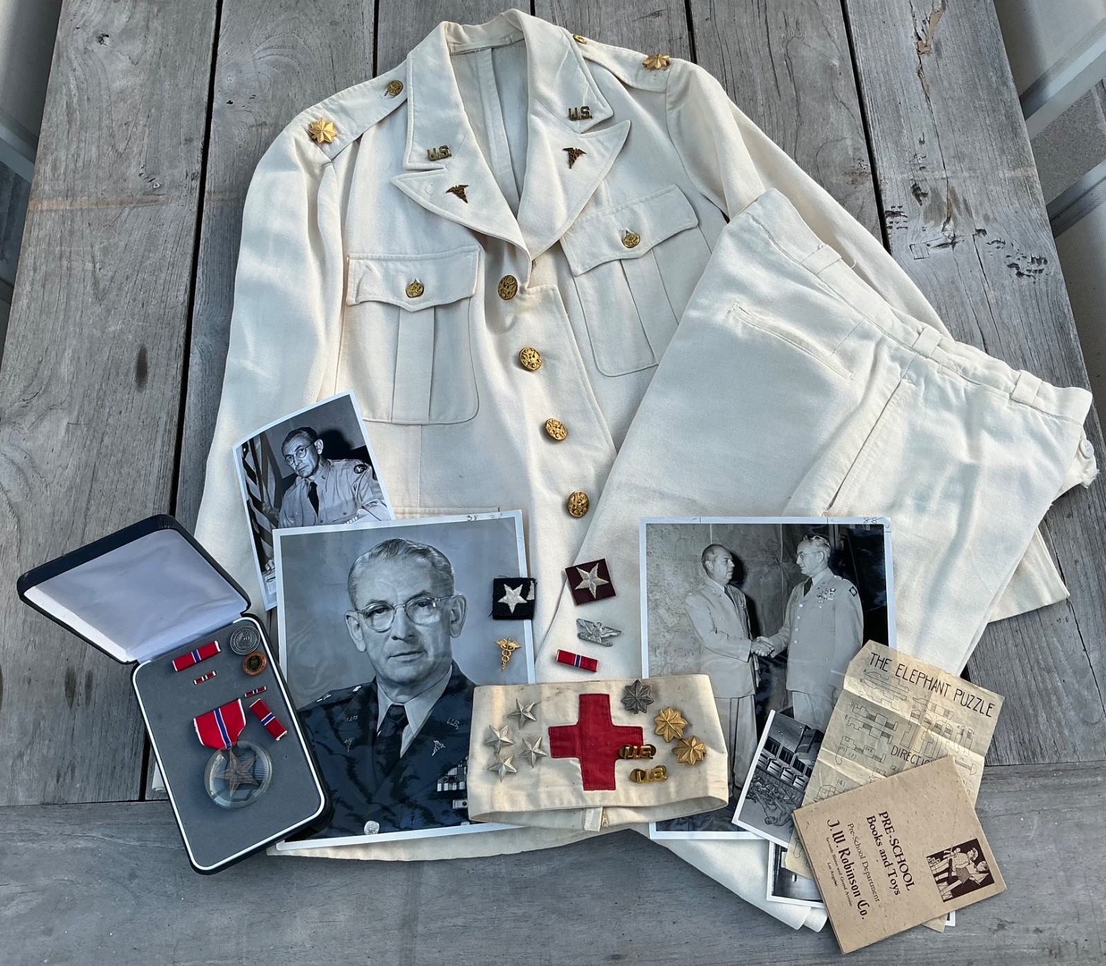 US WWII WW2 grouping General GINN jacket and trousers Dress Whites Medic.