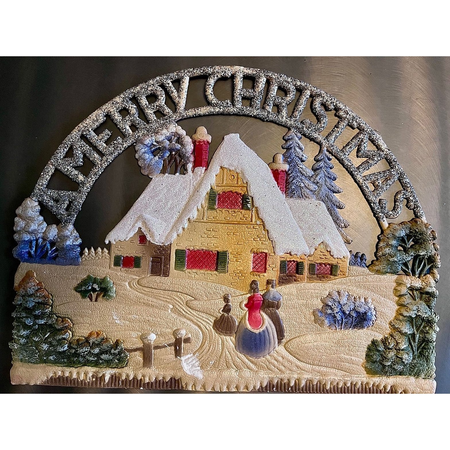 Vintage Embossed Die Cut Christmas Plaque Glitter Victorian Carolers Cottage VG