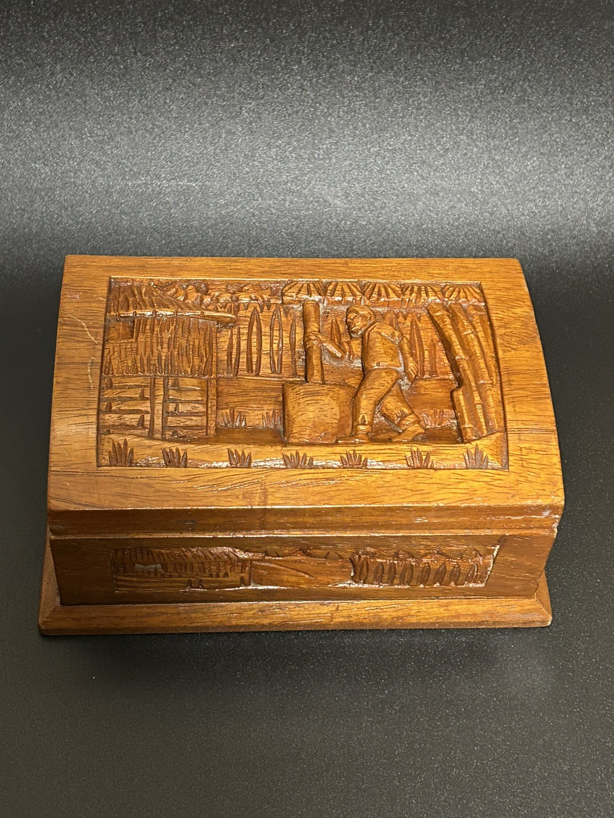 Vintage Hand Carved Africa Themed Wooden Jewelry/Trinket Box 1970’s