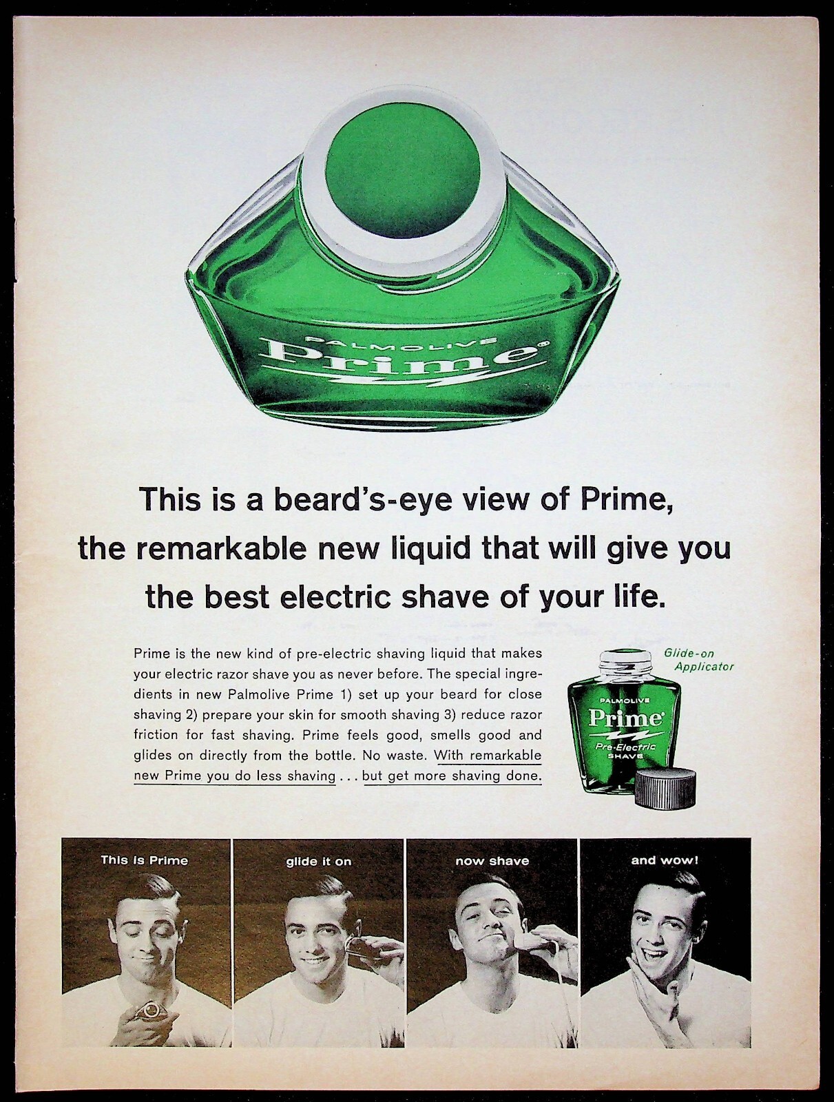 1963 Palmolive Prime Pre-Electric Shave Lotion Vintage Print Ad Liquid Shaving