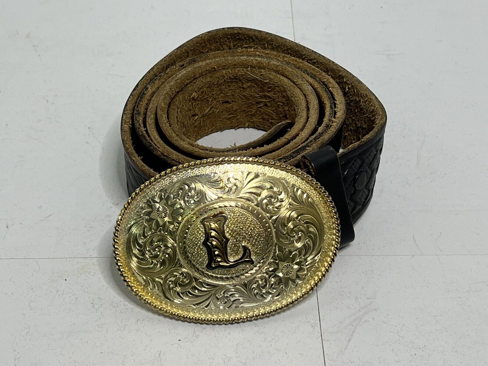 Vintage Montana Silversmiths Western Buckle w/ 'L' Initial & Black Leather Belt