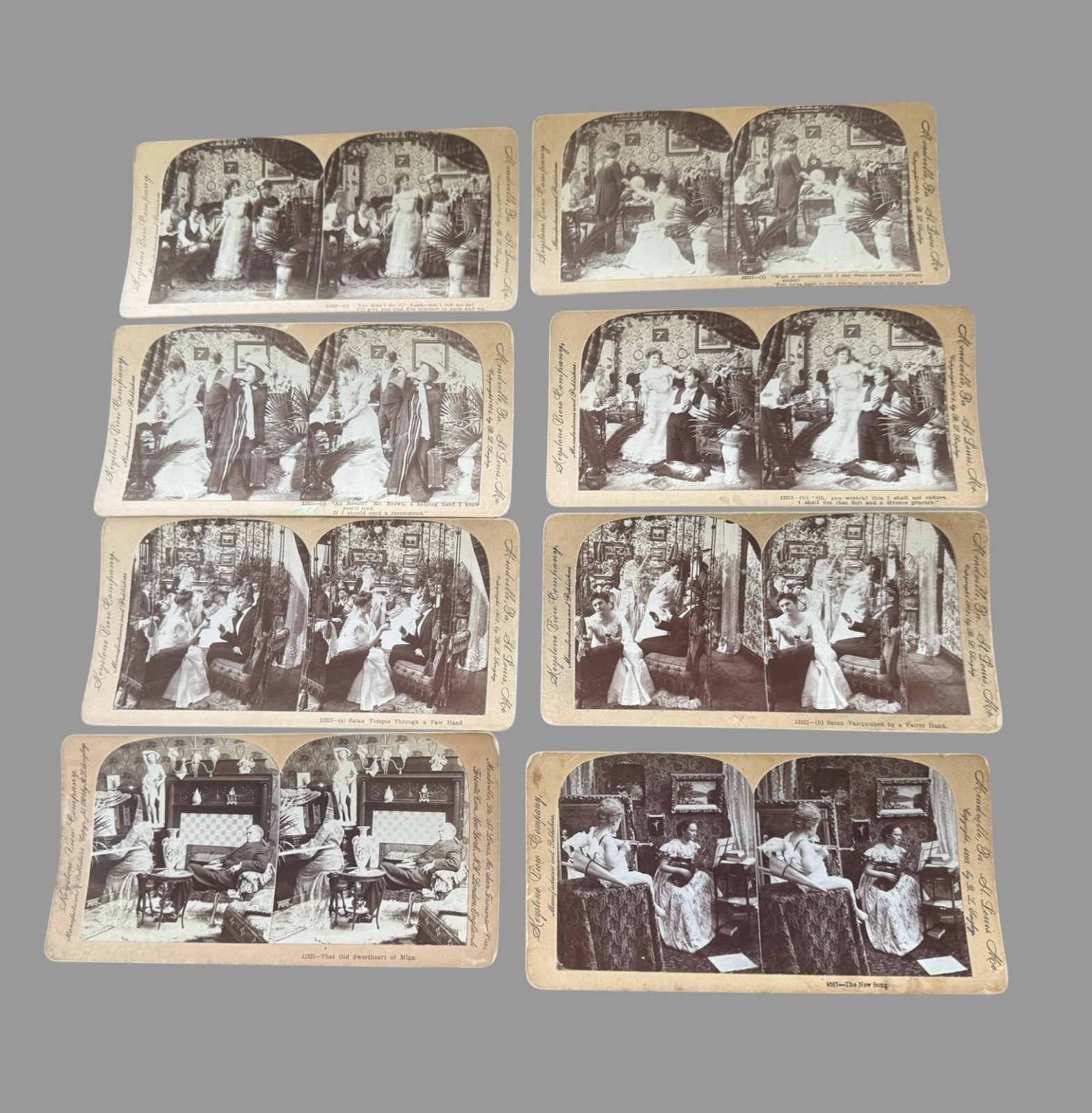 8 Antique Keystone Stereoviews Victorian Parlor Interior Staged Romance Scenes