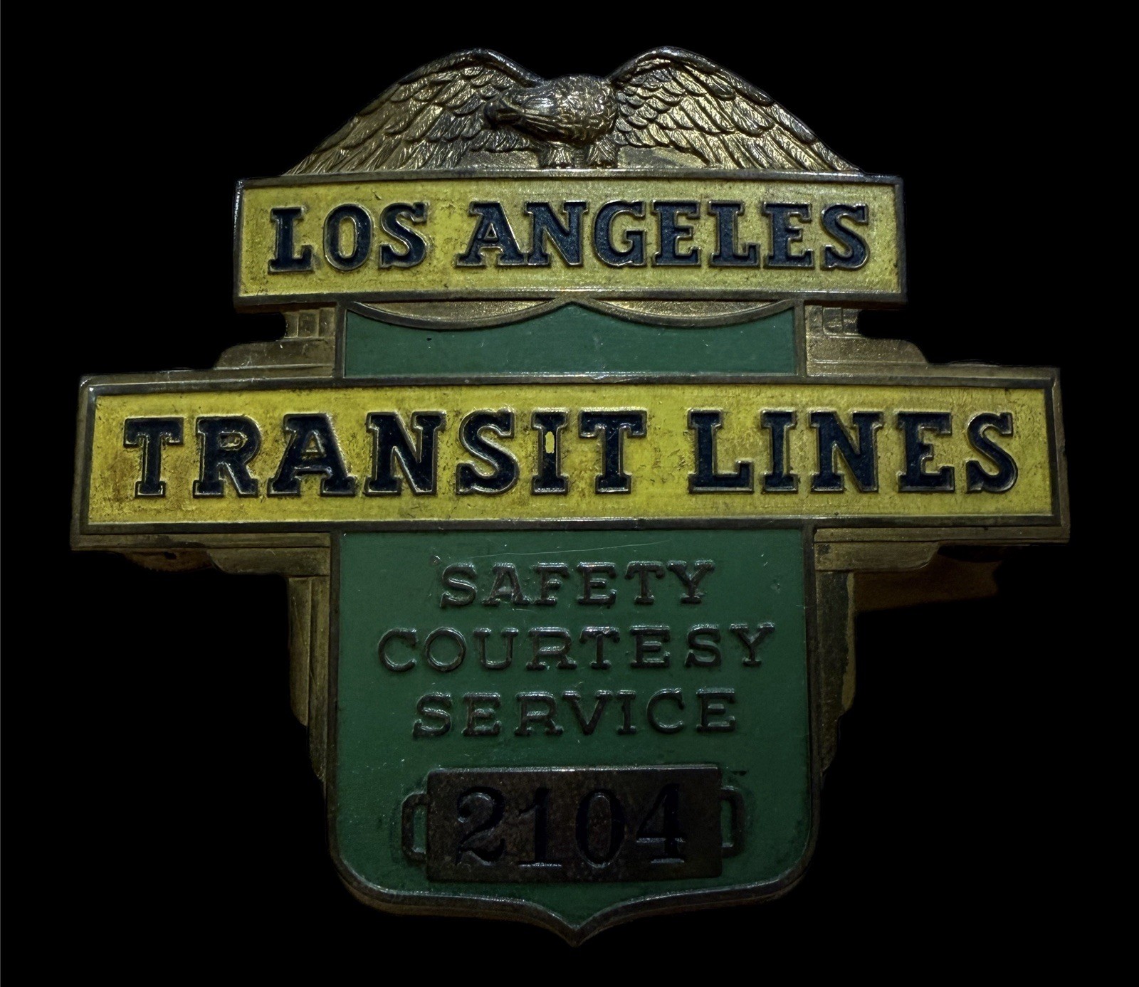 RARE 1940’s Los Angeles Transit Lines Operator Cap Badge #2104 Eagle LARy RARE 1940’s Los Angeles Transit Lines Operator Cap Badge #2104 Eagle LARy