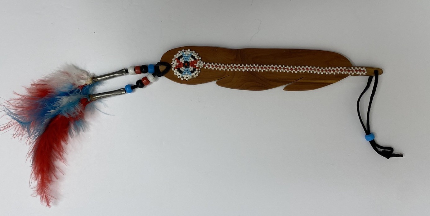 Native American Carved Wood Feather Beaded Art Signed Lee Crowley Mohawk Ottawa