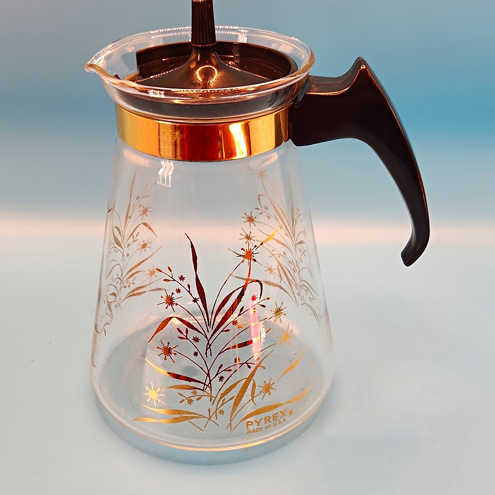 Vintage Pyrex Flameware Golden Wildflower 9-Cup Clear Glass Coffee Pot w/ Lid