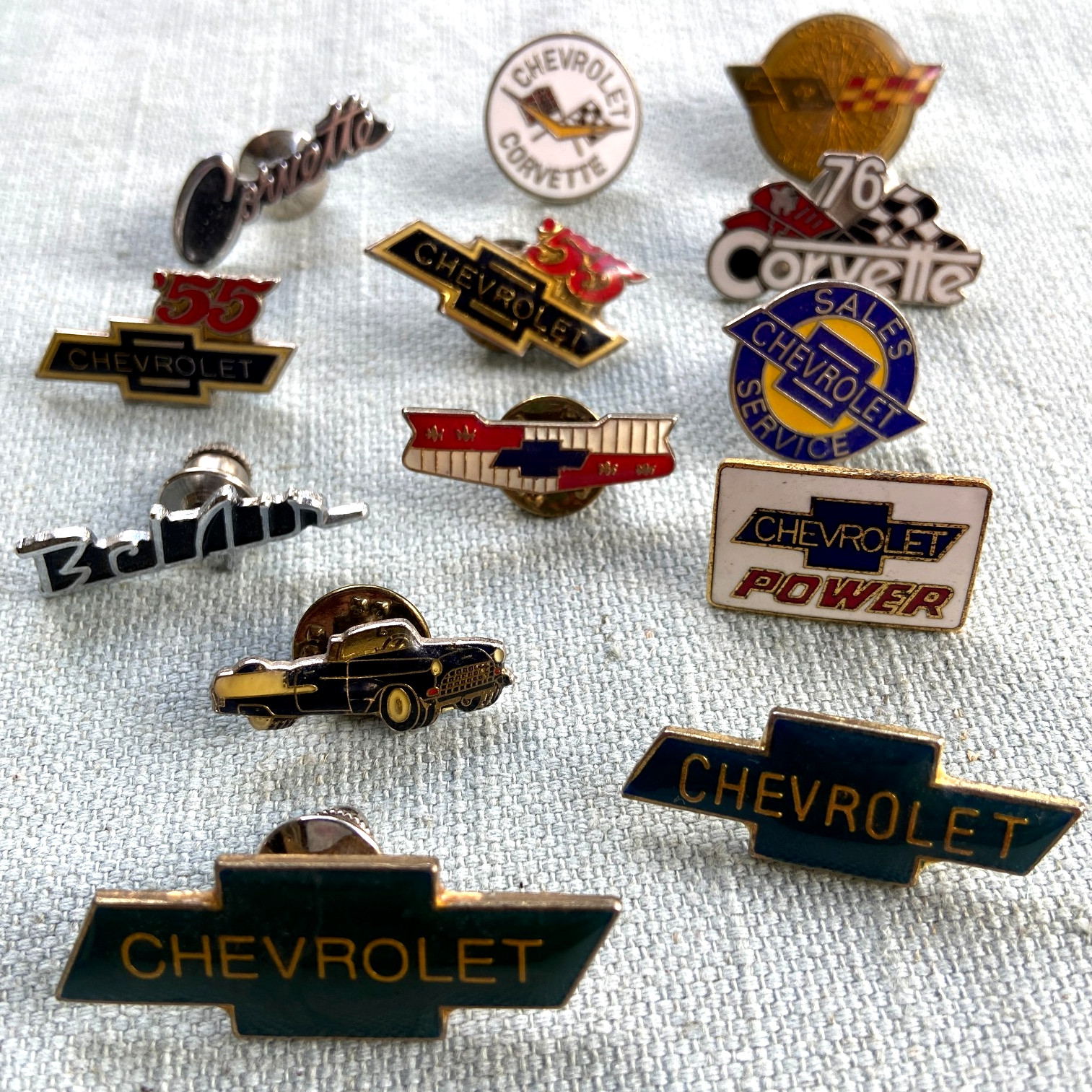Chevrolet Hat Lapel Pin Lot 13 Corvette 55’ Chevy BelAir Bow Tie Logo Sales VTG