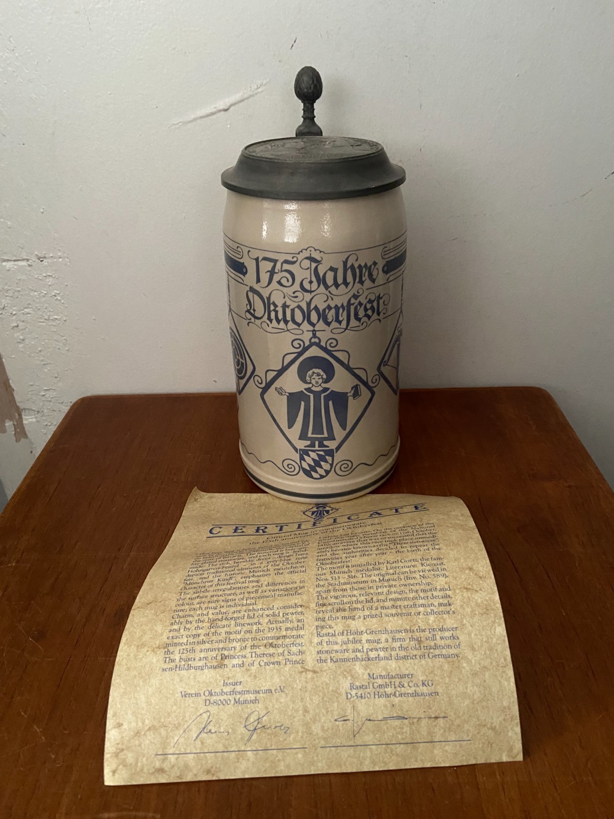 Official 1985 Oktoberfest 175th 1-Liter Rastal Beer Stein Munich w/ Certificate