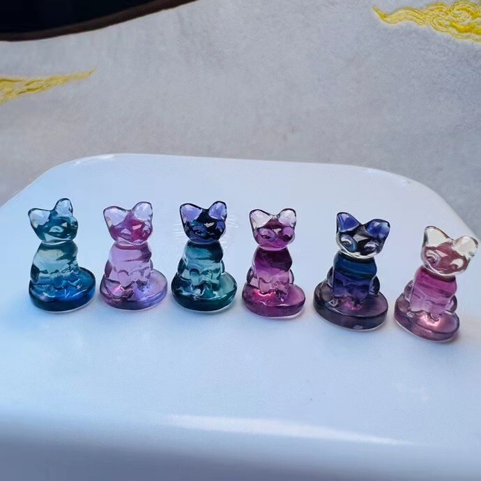 5pc Natural fluorite carved cat quartz crystal reiki healing Gem Gift Decor