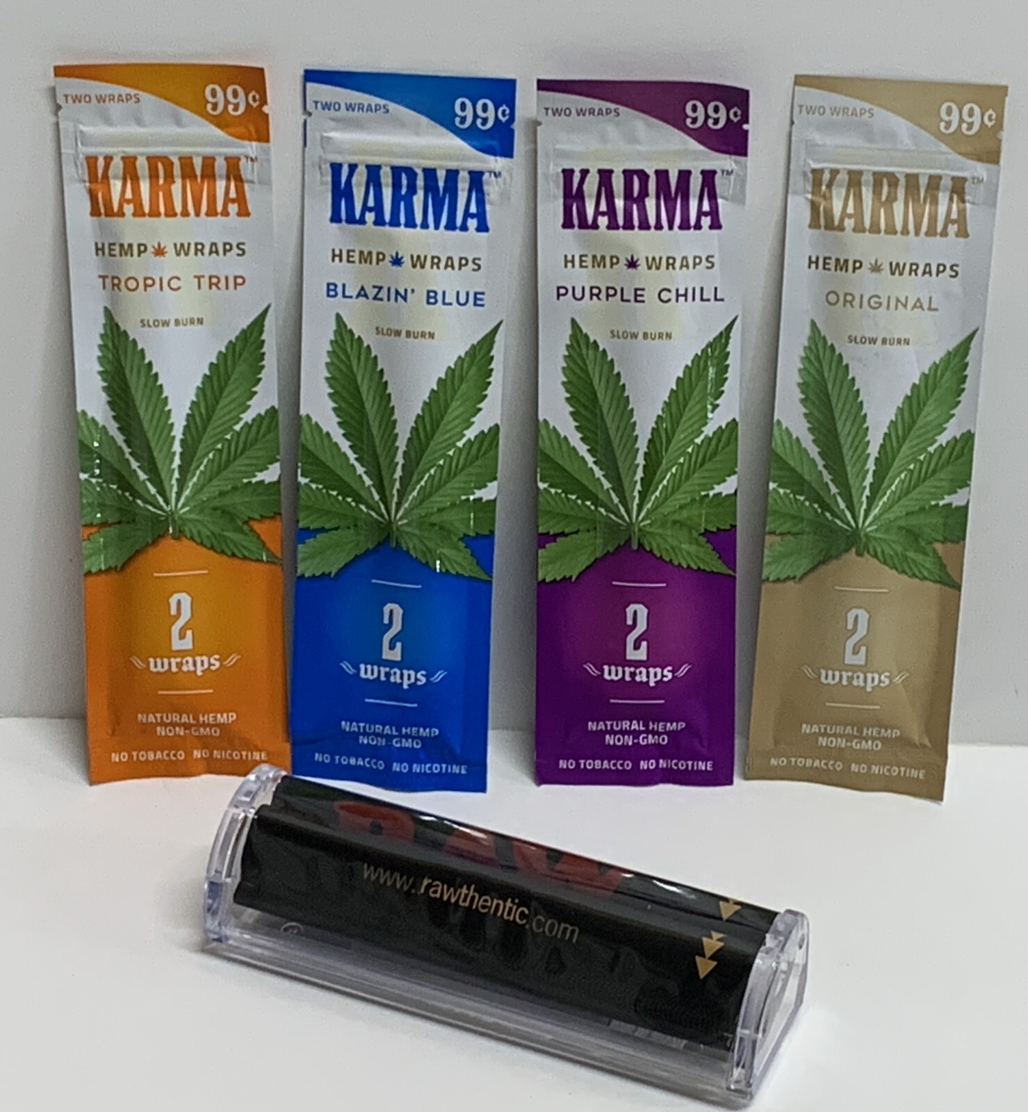 ZIG ZAG KARMA HERBAL WRAPS SAMPLER + RAW PHATTY ROLLER Wrap Size Rolling Machine