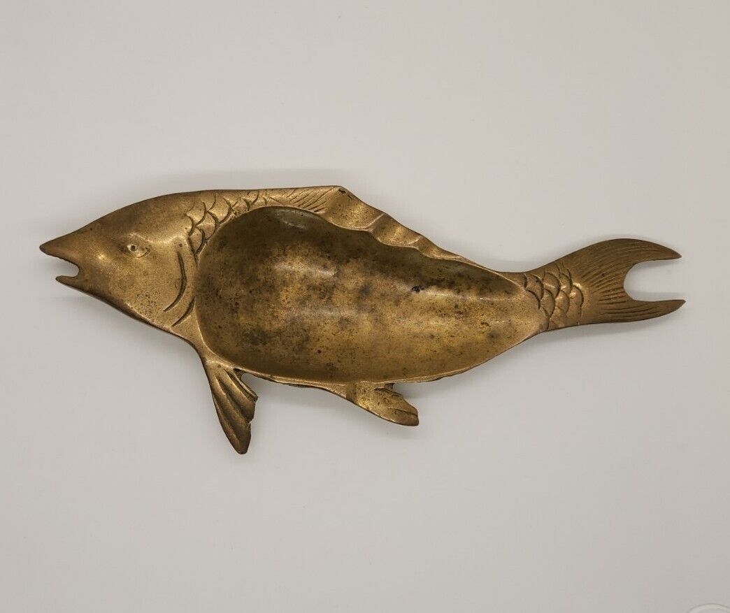 Carp Fish Brass Footed Ashtray Vintage  9 inch Patina Men's Gift