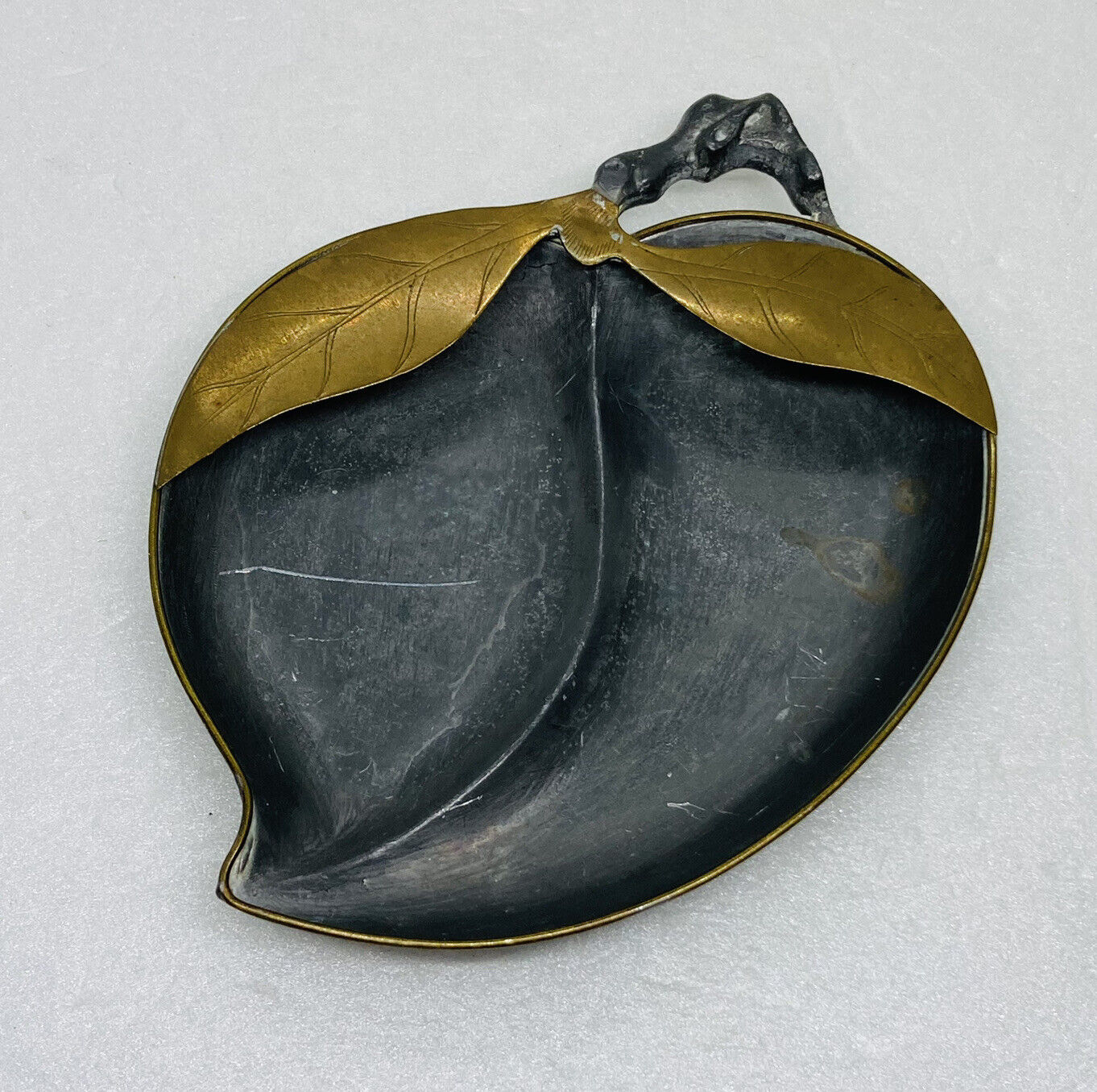 Vintage Pewter Brass Trinket Dish Peach Shaped Etched Leaves Unique Art Decor X