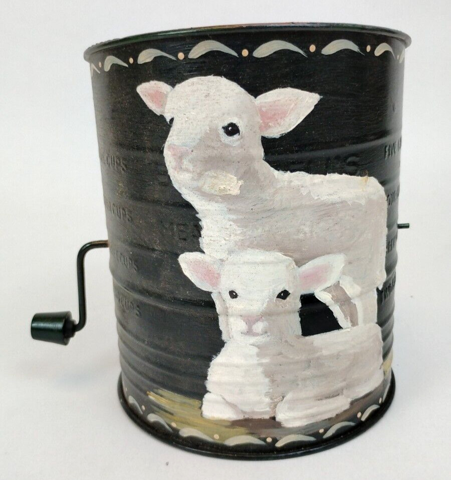 Vintage Bromwell's Flour Sifter Hand Painted Sheep/Lamb Farmhouse Easter Country