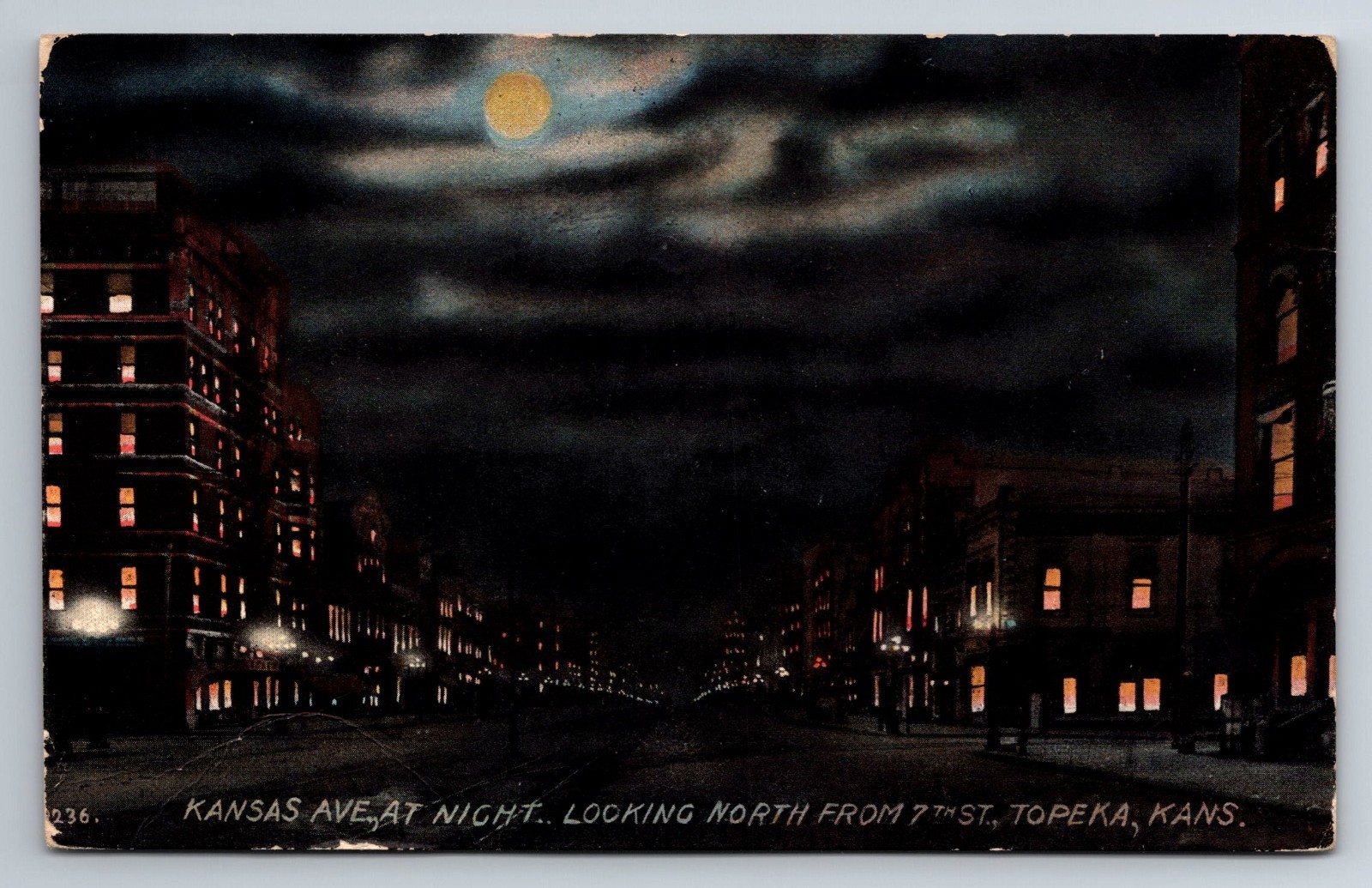 KS, Topeka, Kansas Avenue, Night View, Moon, Moonlight, Vintage Postcard