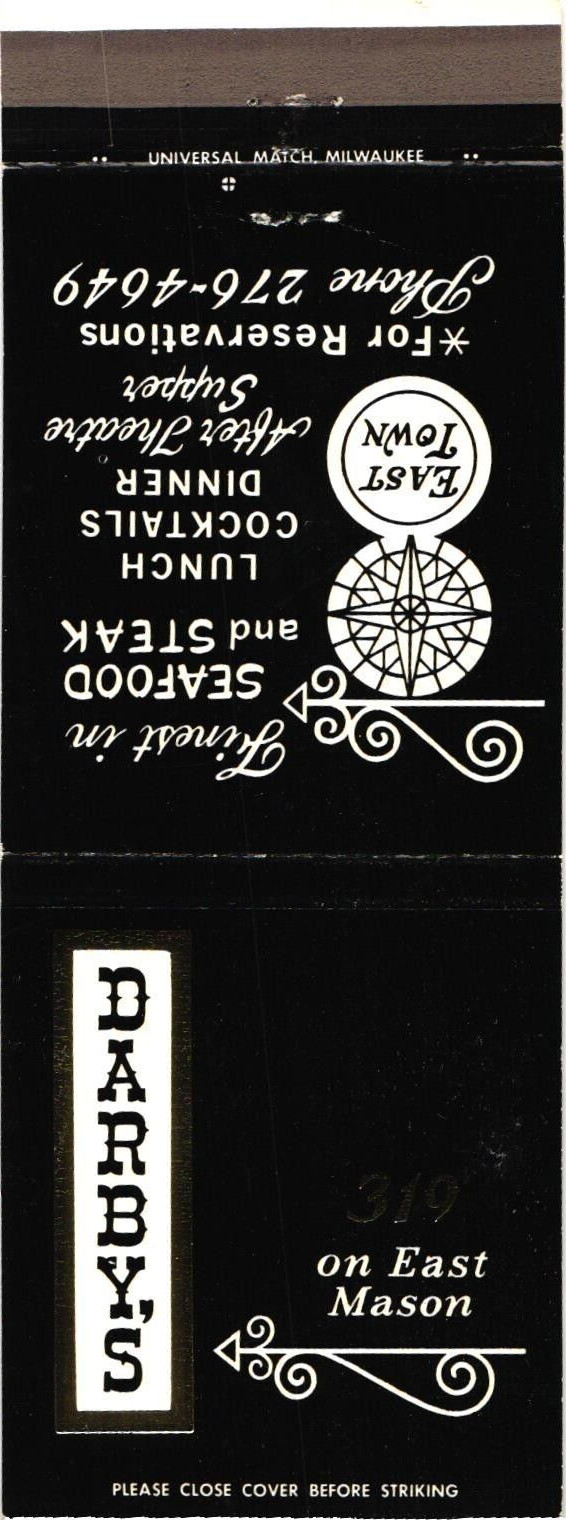 Darby\'s Milwaukee WI Vintage Matchbook Cover Seafood Steak Restaurant 1970s