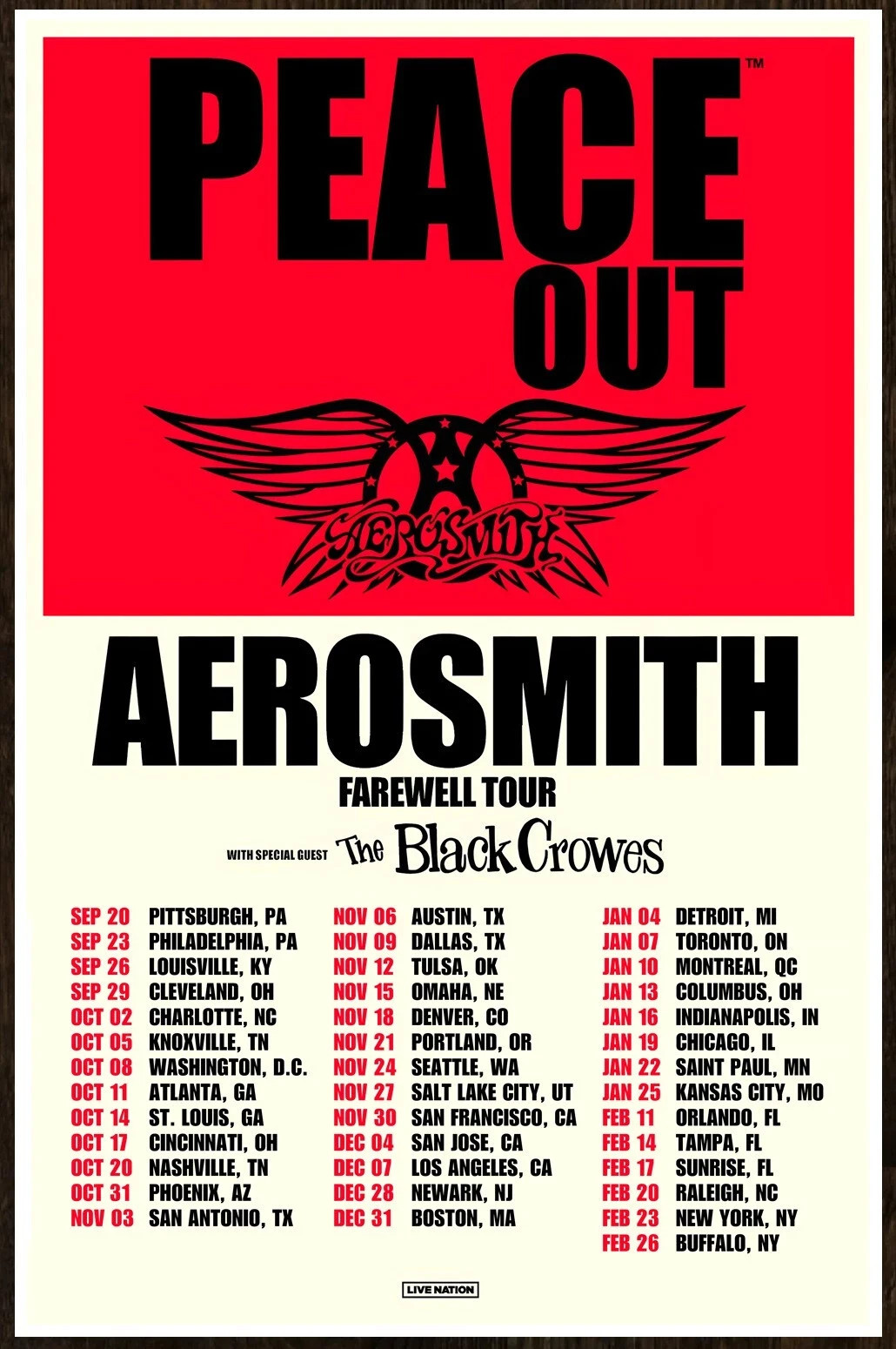 AEROSMITH THE BLACK CROWES Peace Out Farewell Tour 2024 POSTER FRAME SIZE OPTION