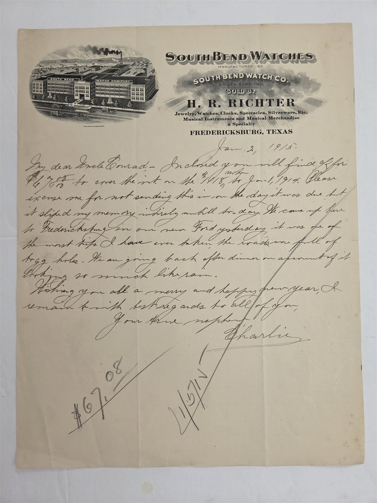 1915 antique SOUTH BEND WATCH Co HR RICHTER fredericksburg tx illus LETTERHEAD