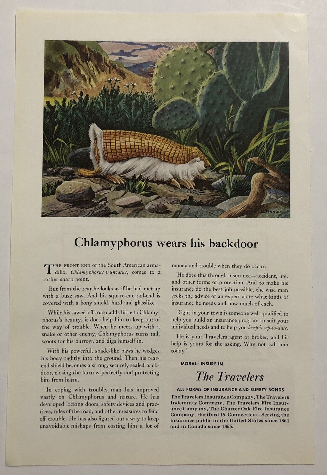 Vintage 1949 Original Print Advertisement Full Page - The Travelers Chlamyphorus